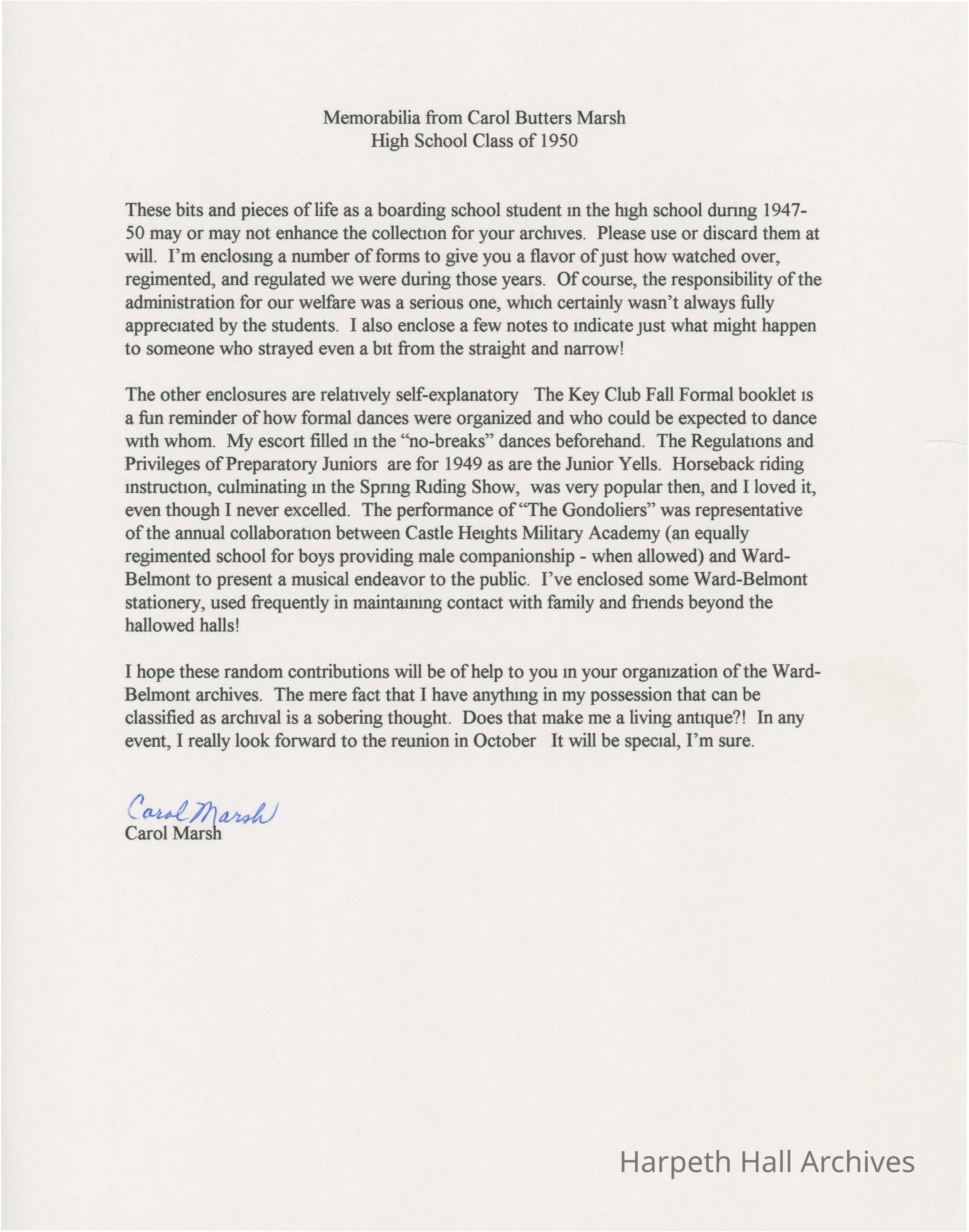 Letter from Carol Butters Marsh about her Memorabilia