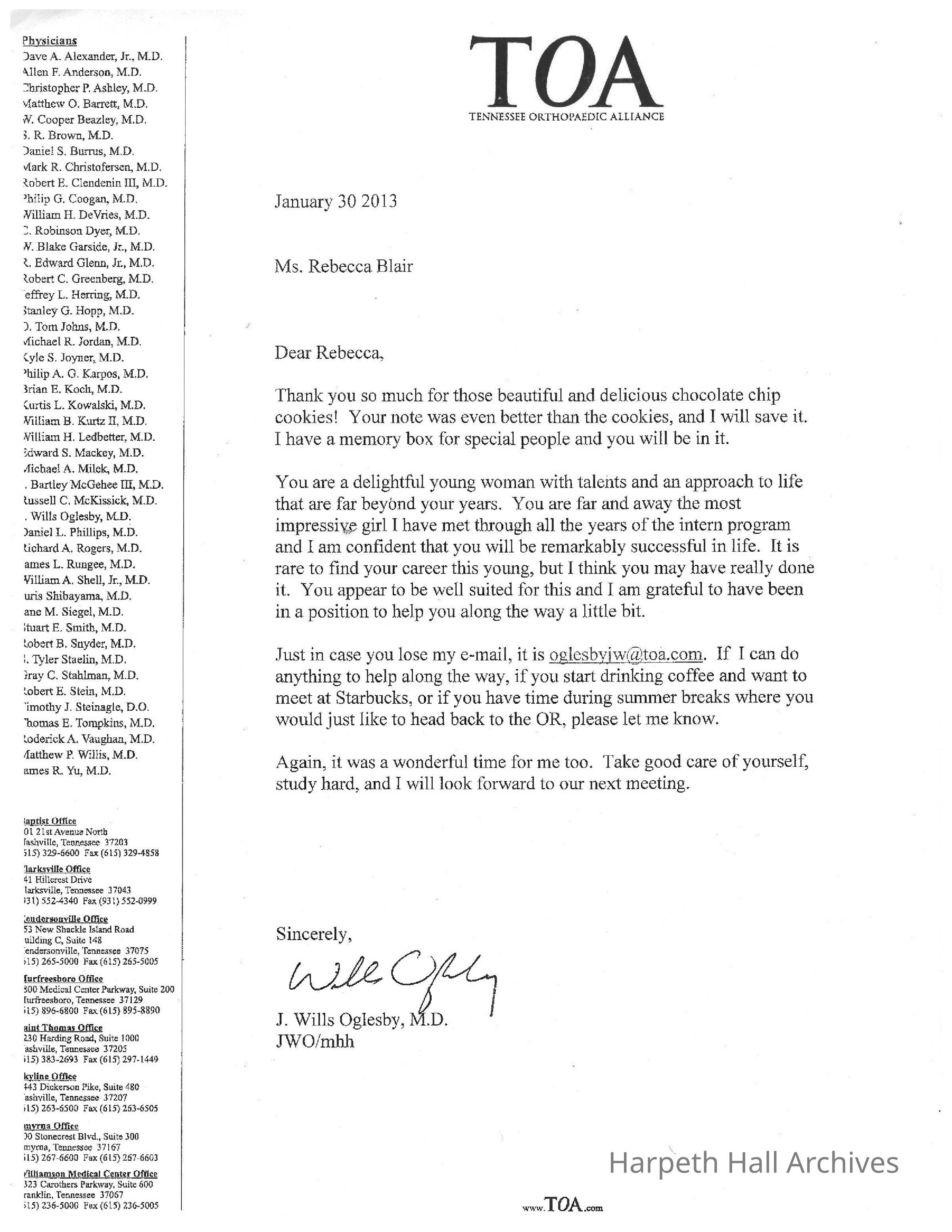 Personal letter to Rebecca Blair ('14)
