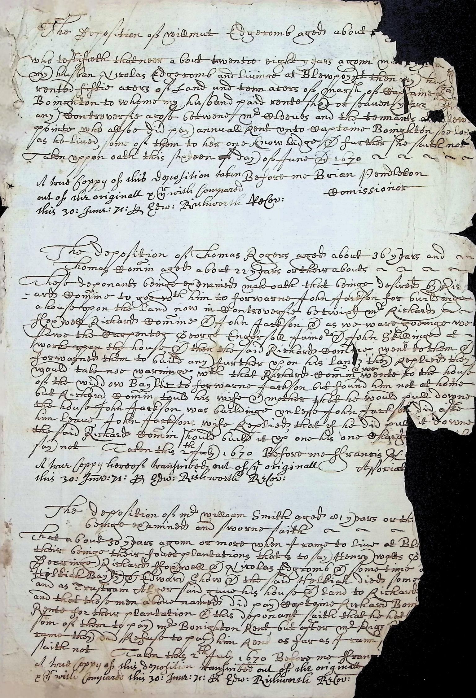 1671 Thomas Rogers, Bonighton lands deposition