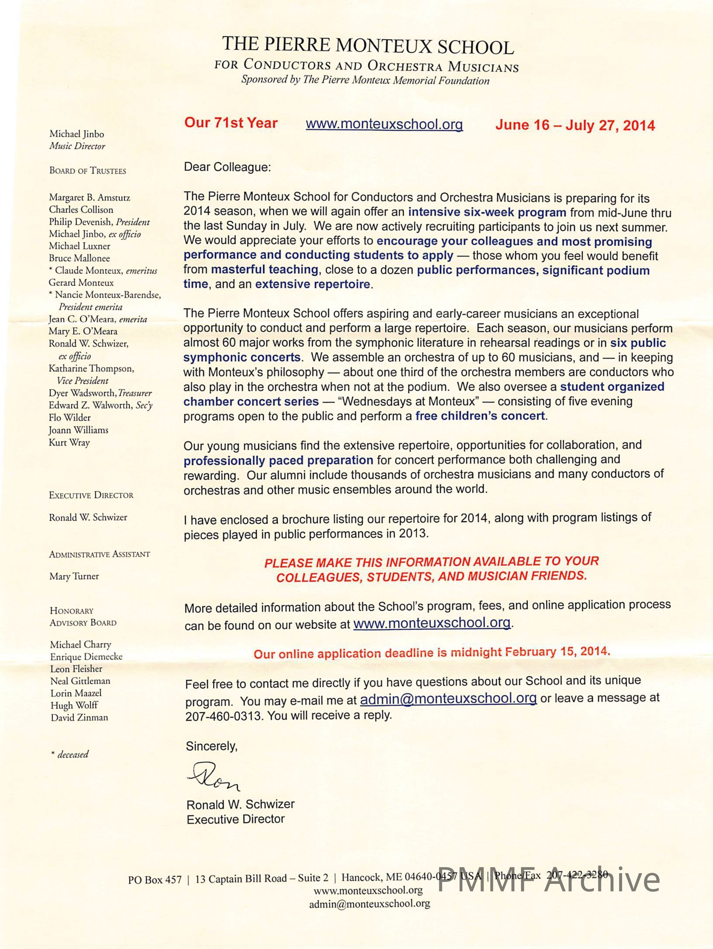 Recruitment letter for student applications for 2014 season
