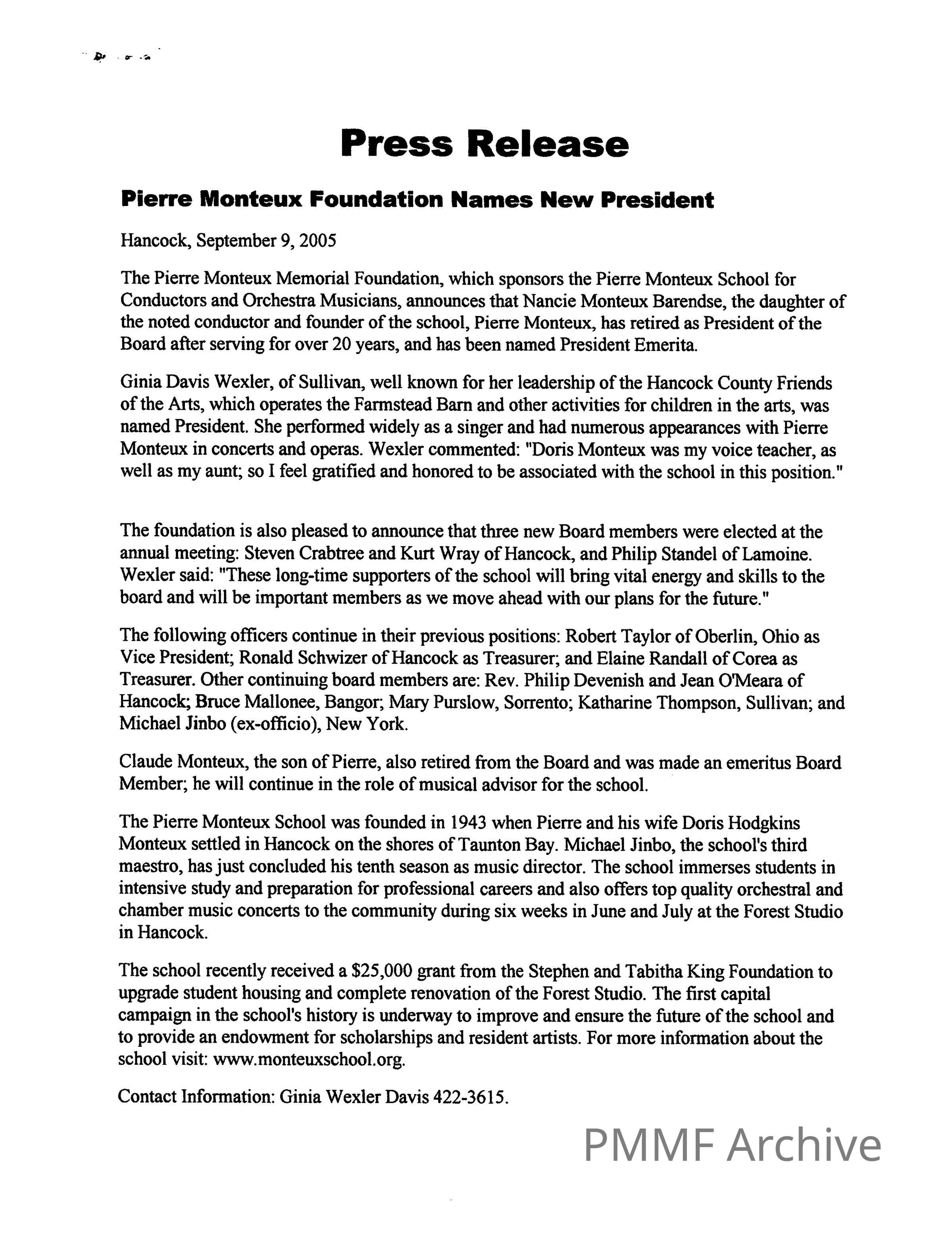 Press release naming Ginia Davis Wexler as new President