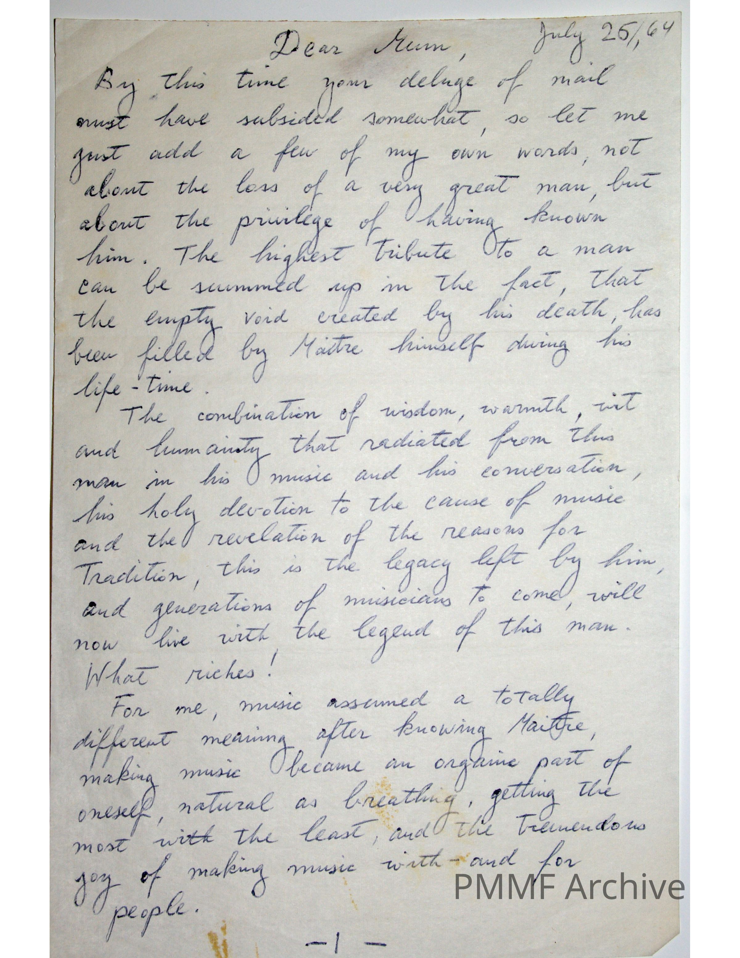 1964 letter to Doris Monteux ("Mum") following Pierre Monteux's death: 2-page letter handwritten in ink