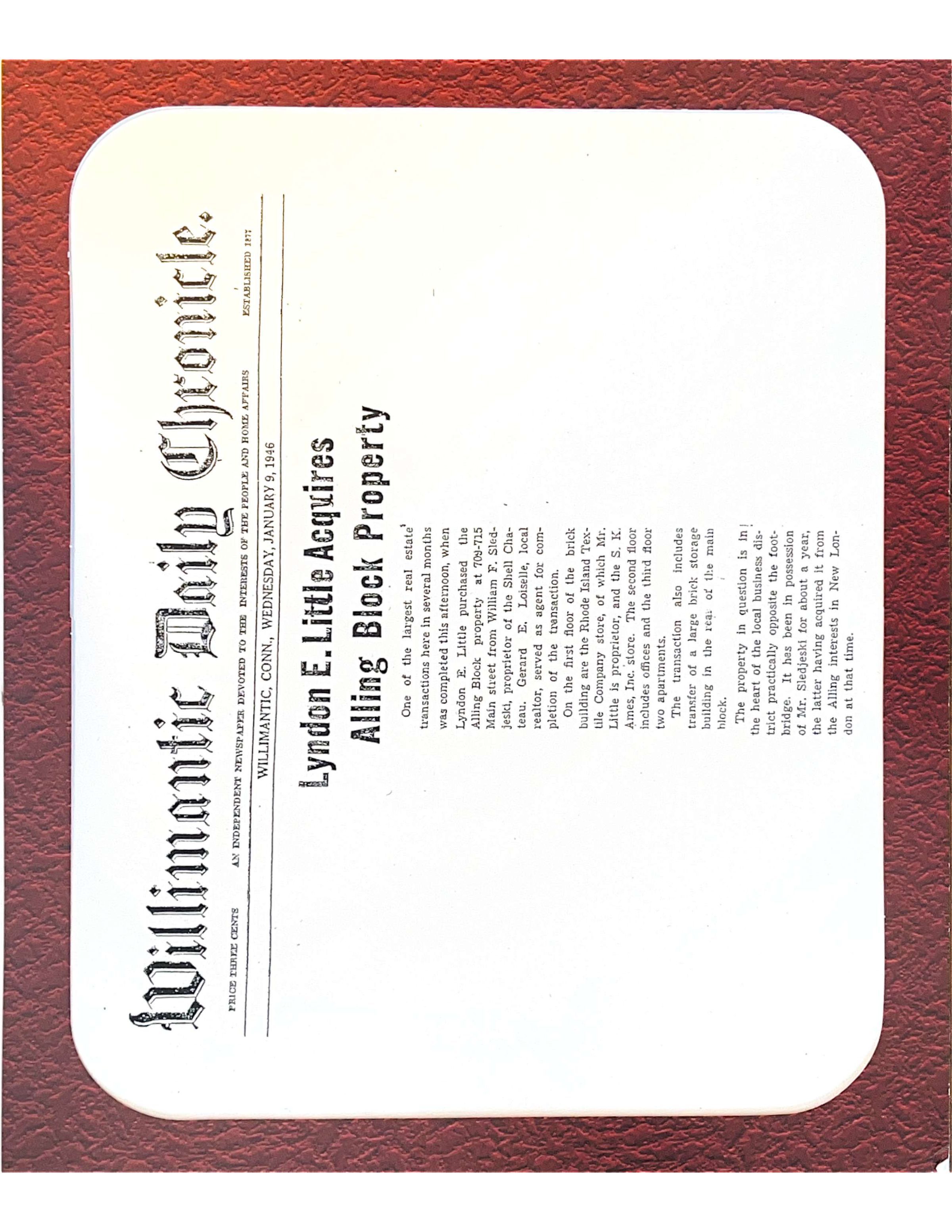 The image displays a vintage newspaper clipping from the "Willimantic Daily Chronicle," dated January 2, 1946, with the headline "Lyndon E. Little Acquires Alling Block Property," and features text set in an old-fashioned font, suggesting a historical acquisition news article, all set against a textured maroon background with rounded corners on the document, indicating it might be preserved in an album or collection.