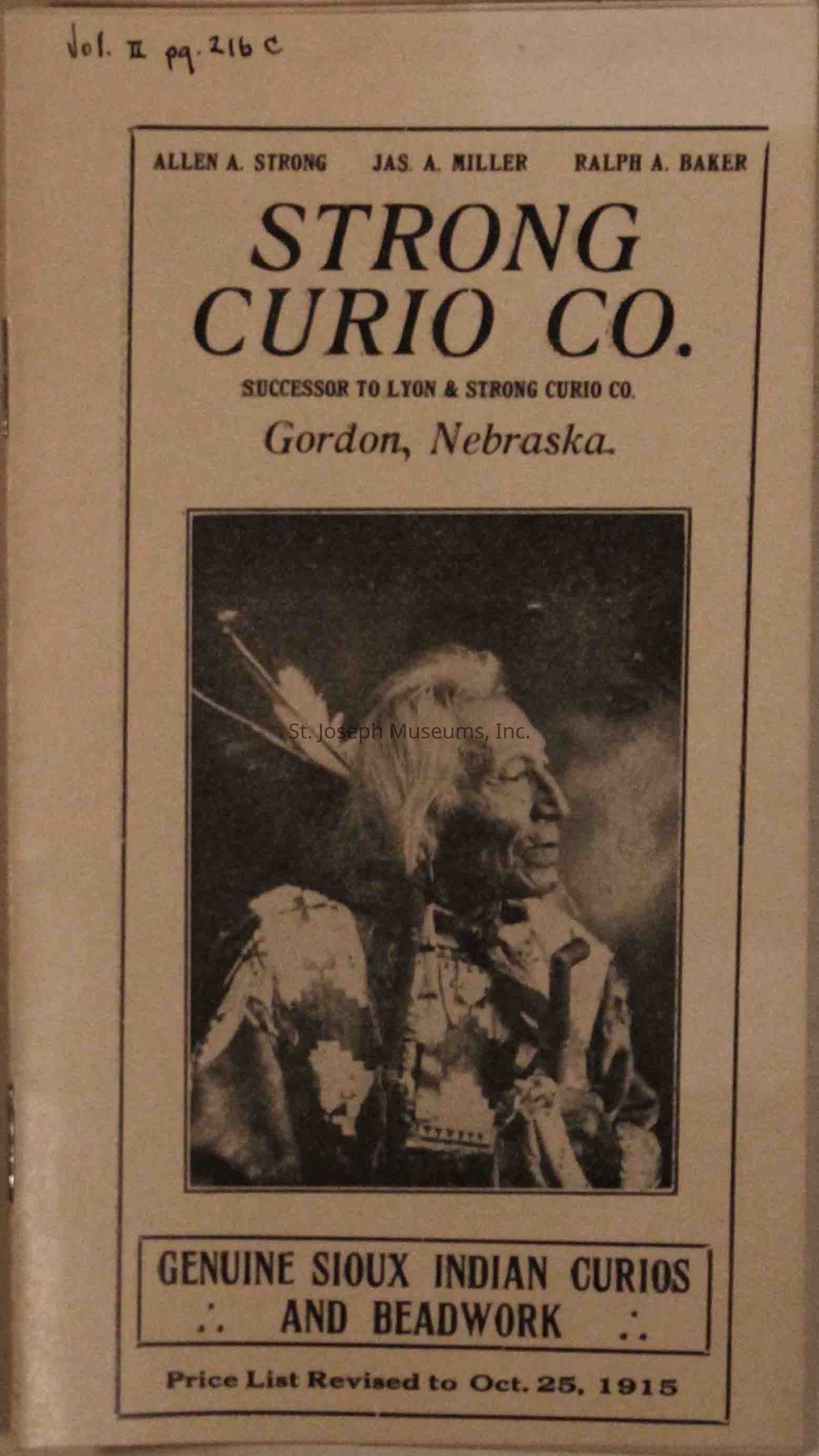 The image features a historical cover of a catalog from the "Strong Curio Co." located in Gordon, Nebraska, successors to "Lyon & Strong Curio Co." The catalog, associated with Allen A. Strong, Jas. A. Miller, and Ralph A. Baker, highlights "Genuine Sioux Indian Curios and Beadwork," with a price list revised to October 25, 1915. The cover displays a black and white photograph of a Native American individual.