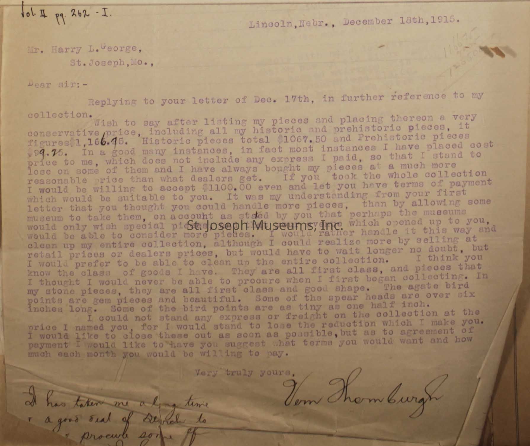The image features a typed letter dated December 18th, 1915, from Lincoln, Nebraska, addressed to Mr. Harry L. George in St. Joseph, Missouri. The writer discusses the sale of a collection of historic and prehistoric pieces, indicating a total value and expressing willingness to accept a specific price.