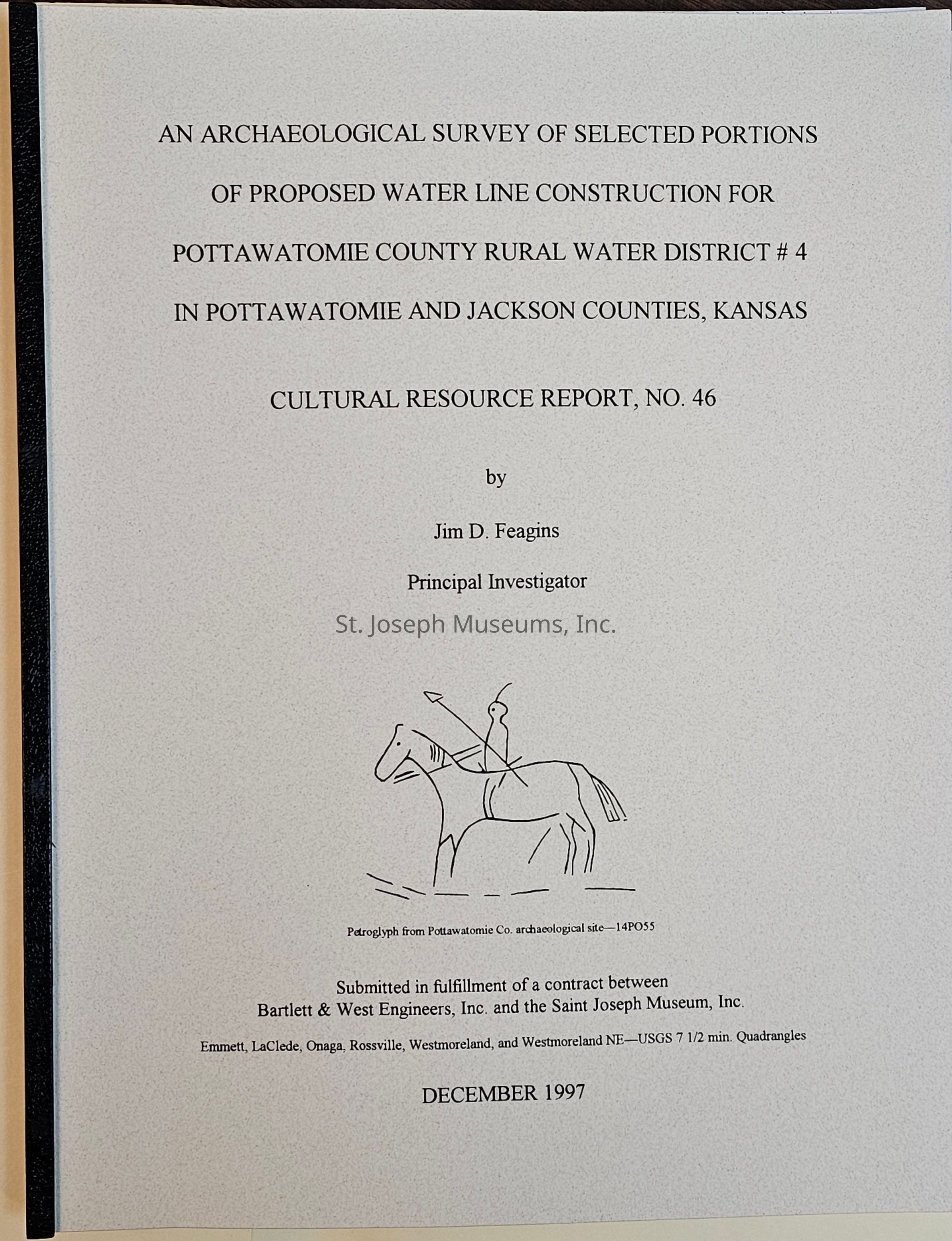 The image shows the cover of a report titled "An Archaeological Survey of Selected Portions of Proposed Water Line Construction for Pottawatomie County Rural Water District #4 in Pottawatomie and Jackson Counties, Kansas." The report is numbered 46 and authored by Jim D. Feagins, identified as the principal investigator. It includes a sketch of a petroglyph depicting a figure on horseback, sourced from a Pottawatomie County archaeological site labeled 14P055.