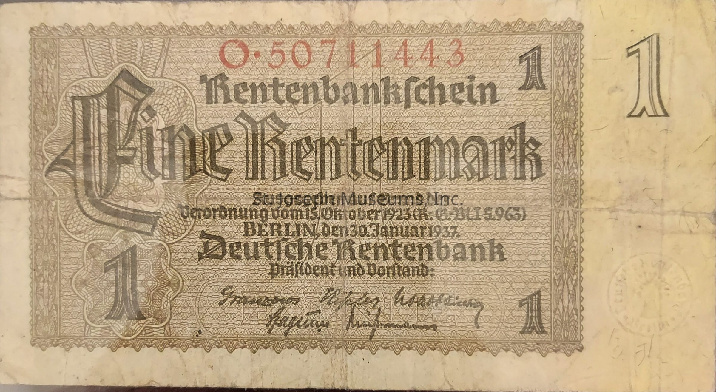 The image depicts an old German banknote known as the "Rentenbanknote," which represents one Rentenmark. It features ornate designs with intricate patterns in a classic style characteristic of early 20th-century currency. The note prominently displays the large, bold text "Eine Rentenmark" in the center, encapsulated by a detailed border. The serial number "O-50711443" is printed in red at the top. Smaller inscriptions detail the issuing authority, Deutsche Rentenbank, in Berlin, and its date of issue, January 30, 1937. The note exhibits signs of wear, indicating its age, and includes signatures at the bottom, with the numeral "1" placed in each corner as a denomination indicator. The overall design reflects the historical context and economic conditions of Germany during that era.