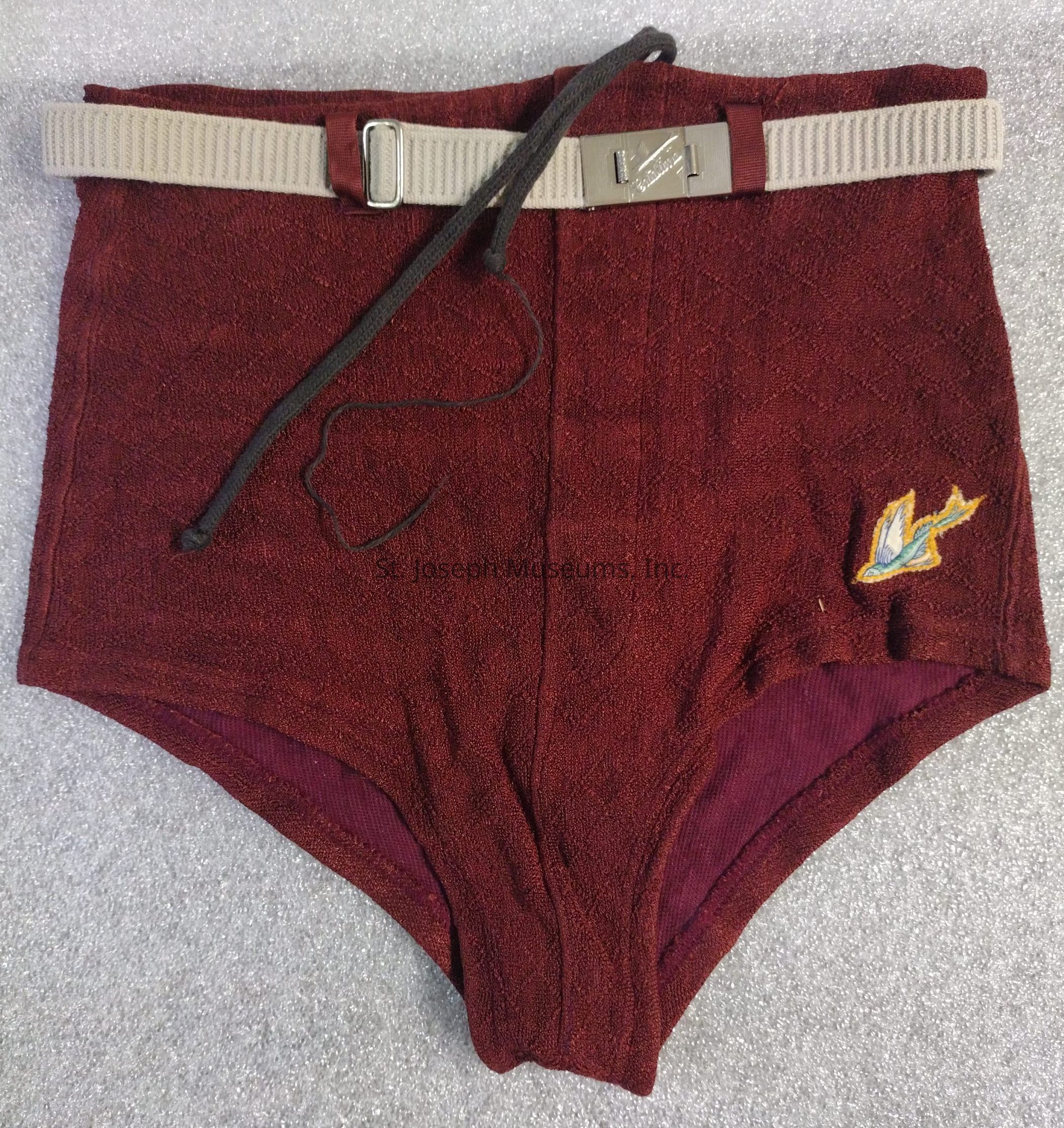 The image shows a pair of high-waisted, knitted wool bathing suit bottoms in a deep red color. They feature a white belt with a metal buckle, which has a "Catalina" inscription. A decorative patch of a flying fish is on the lower right side. The garment also includes visible dark drawstrings at the waist.