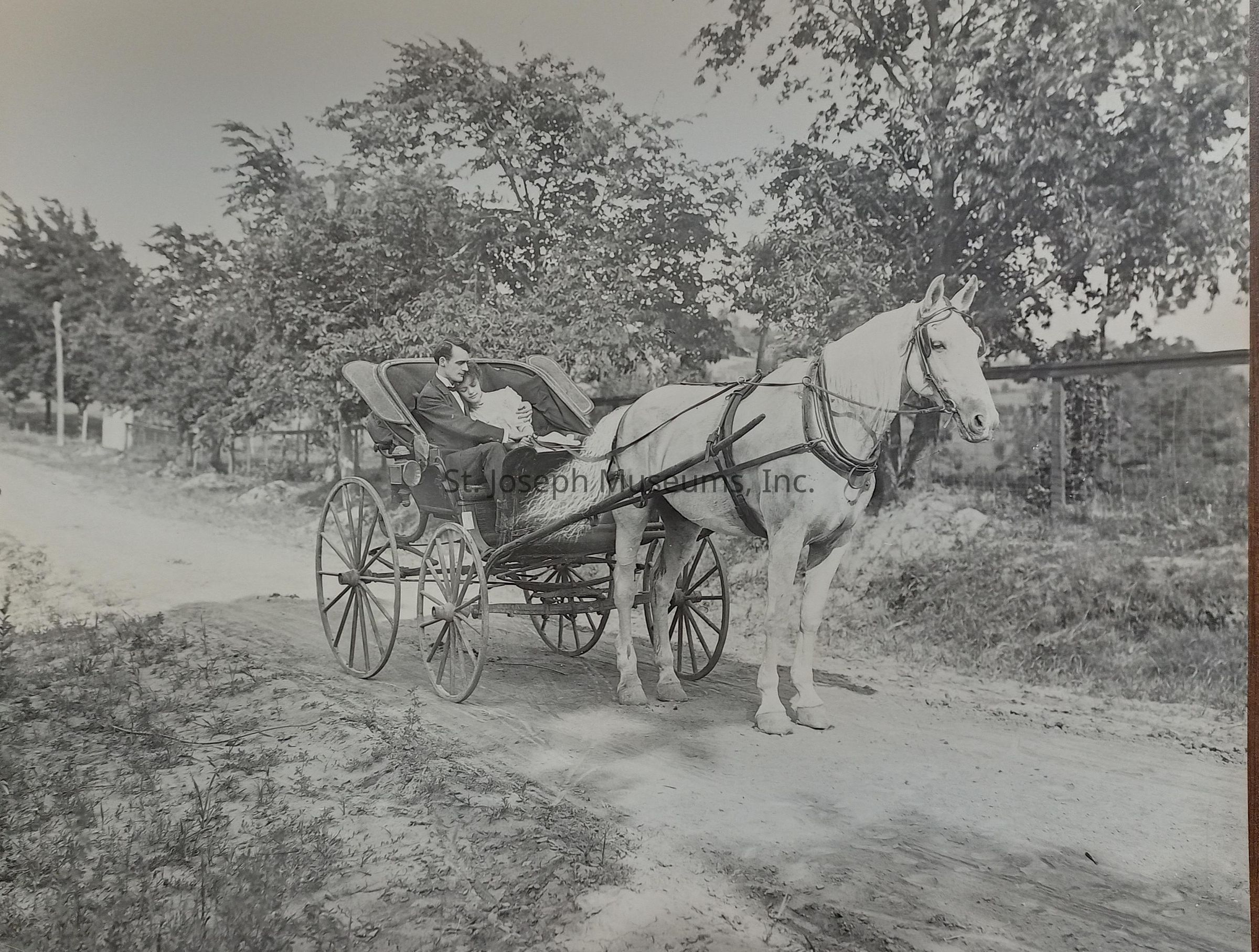 Black-and-white photograph of a couple enjoying a leisurely ride in a horse-drawn buggy along a serene country road known as Lovers Lane, surrounded by lush trees under a clear sky. The man and woman appear comfortably seated, engaged in a hug. Part of a series of postcards based on a poem by Eugene Field.