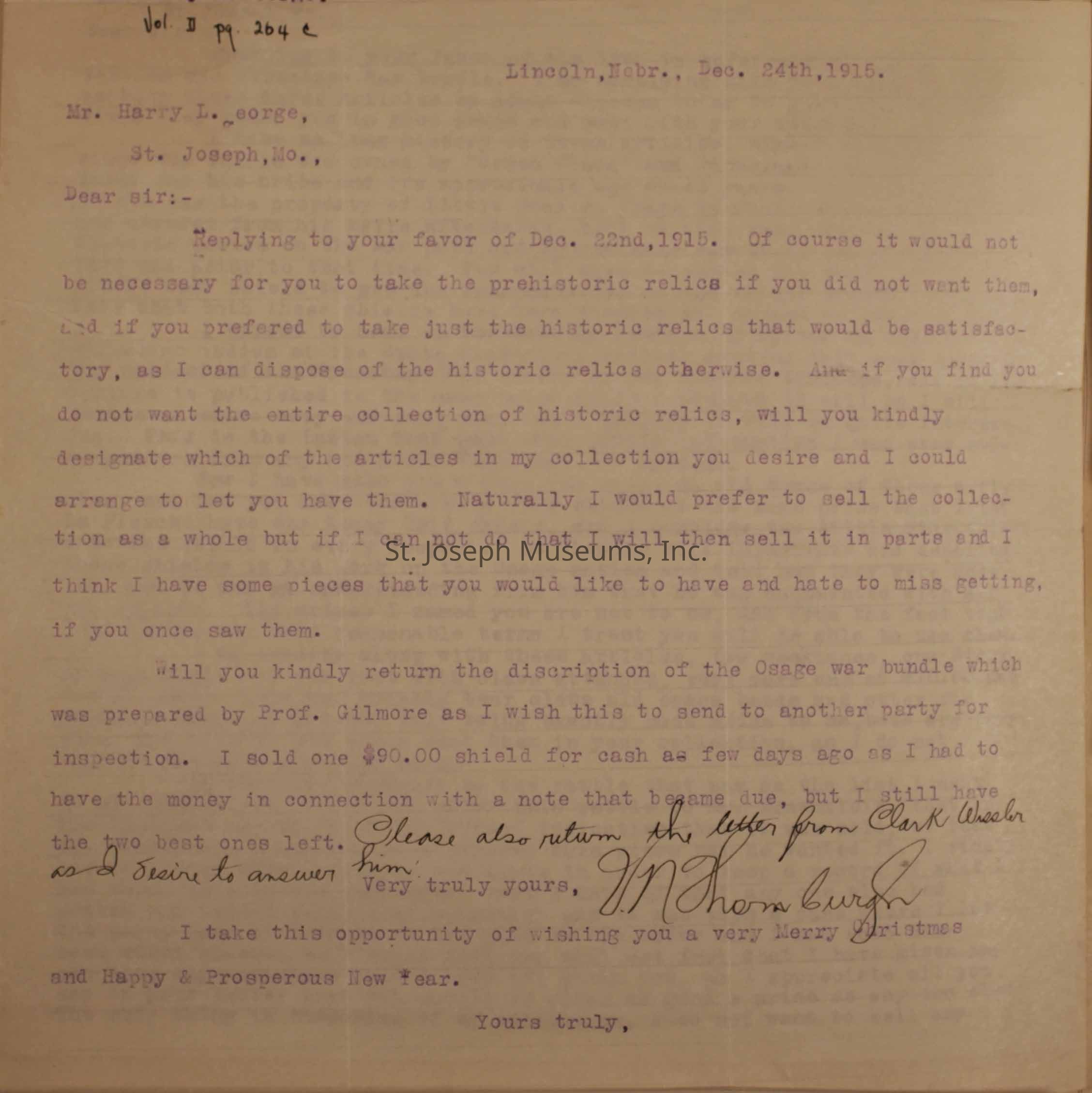 The image shows a typed letter dated December 24, 1915, from Lincoln, Nebraska, addressed to Mr. Harry L. George in St. Joseph, Missouri. The author discusses the possible sale of prehistoric and historic relics, mentioning that Harry can choose specific items if he prefers not to take the entire collection.
