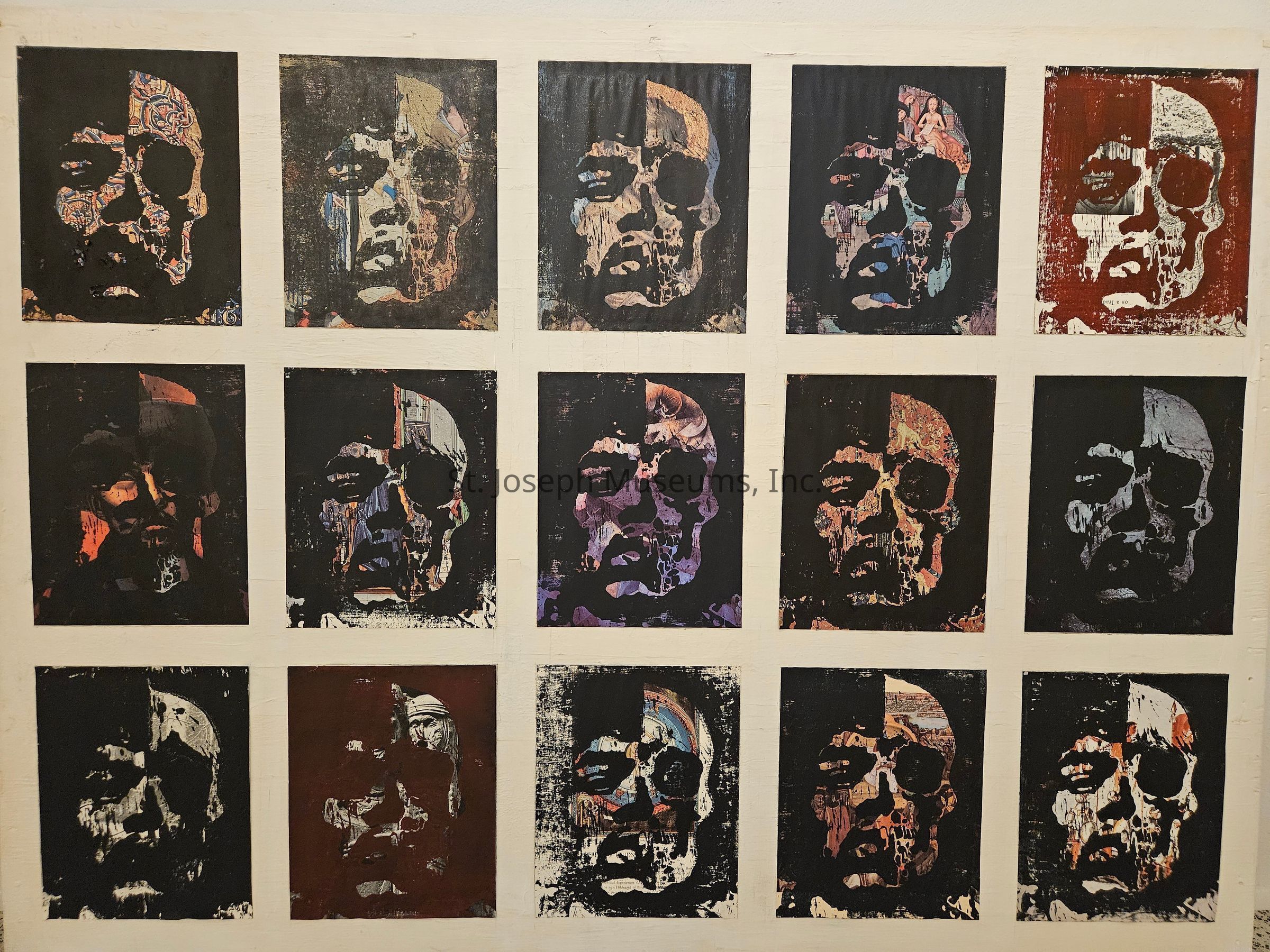 The image is a grid of sixteen separate rectangular pieces, each displaying a highly stylized, colorful representation of a skull-like face against a predominantly dark background. Each piece appears unique in color and detailed texture, incorporating a variety of shades and patterns that contribute to an overall collage-like effect. The skull faces are presented in different positions, with varying hues and artistic techniques, giving each one a distinct character while maintaining a cohesive theme. The pieces are aligned in a four-by-four formation, and the variation in color and texture from one frame to another suggests artistic exploration of identity or emotion. The repetition of the motif across multiple frames invokes a sense of both unity and diversity, as each iteration appears to build on the central theme with its unique artistic flair. The juxtaposition of stark blacks with vibrant colors creates a powerful visual contrast, engaging the viewer in a deep, contemplative visual discovery that evokes themes of mortality, individuality, and artistic expression.