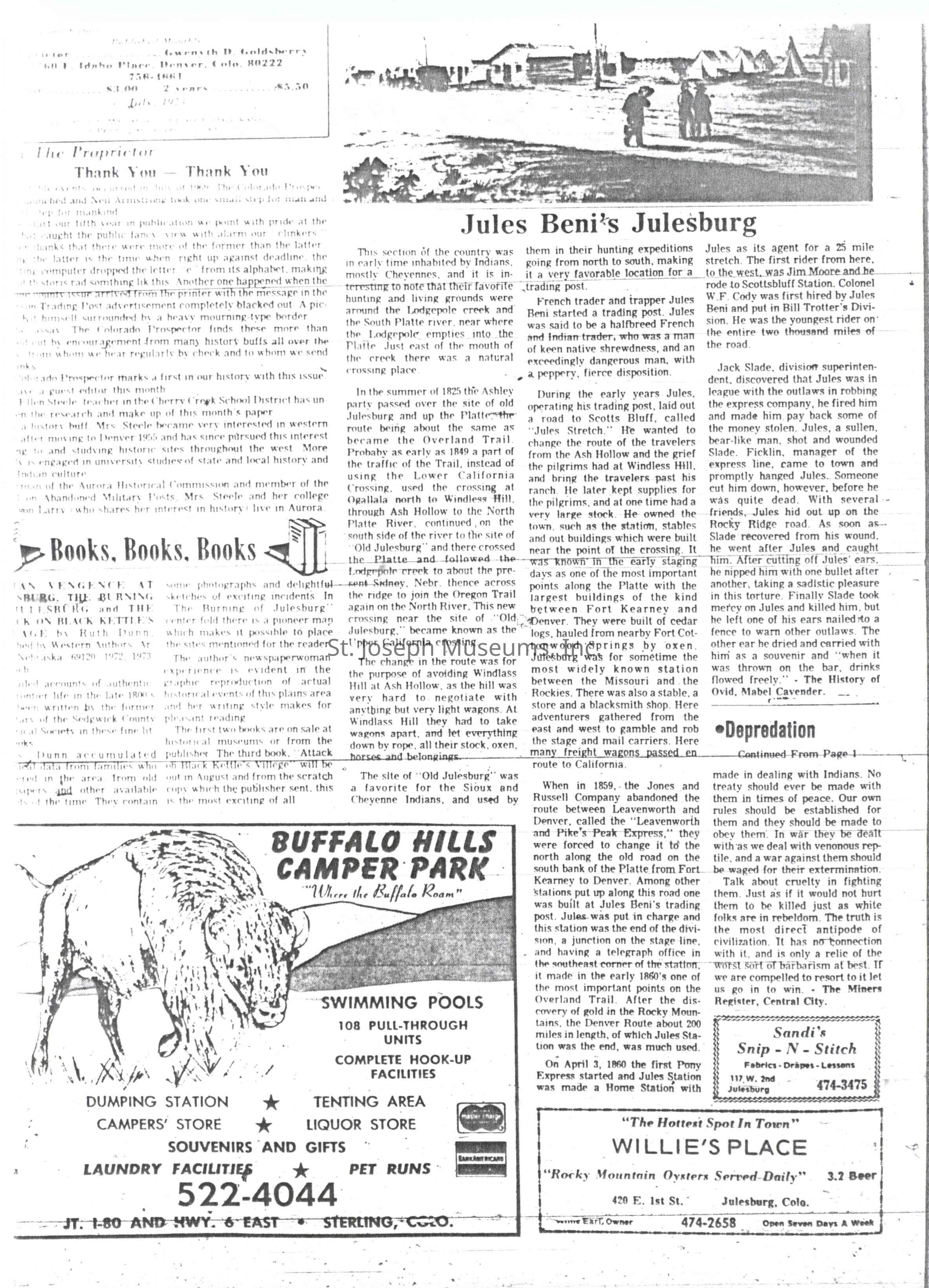Page 1: The image is a scanned newspaper page featuring multiple articles and advertisements. The main article "Jules Beni's Julesburg" discusses the history of a region once inhabited by Native Americans and eventually taken over by traders and settlers, including Jules Beni, a French trader who established a trading post there. The narrative details how the area became a significant stop on the trail to California and notes interactions with indigenous peoples as well as historical conflicts. Advertisements on the page promote "Buffalo Hills Camper Park" with facilities like swimming pools and laundry, alongside another ad for "Willie's Place" restaurant in Julesburg, Colorado.