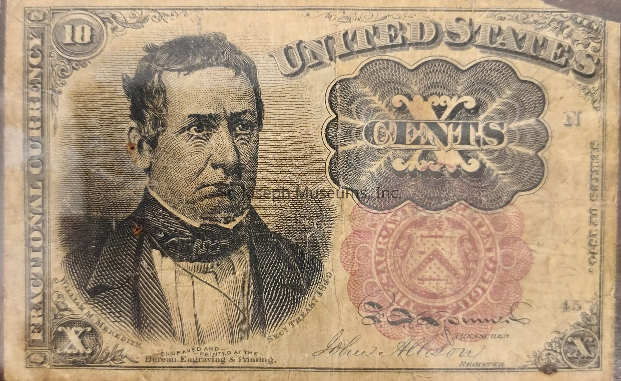The image depicts a historical piece of United States fractional currency valued at ten cents. The note features intricate designs and patterns typical of currency from the 19th century. On the left side, there is an engraved portrait of a man wearing a formal suit and bow tie. Surrounding the portrait, text and embellishments include the words "National Currency" and the denomination "10." To the right, the note prominently displays "UNITED STATES" at the top, along with the denomination "CENTS" in an ornate frame. The note exhibits signs of wear, indicative of its age, with visible creases and slight discoloration.