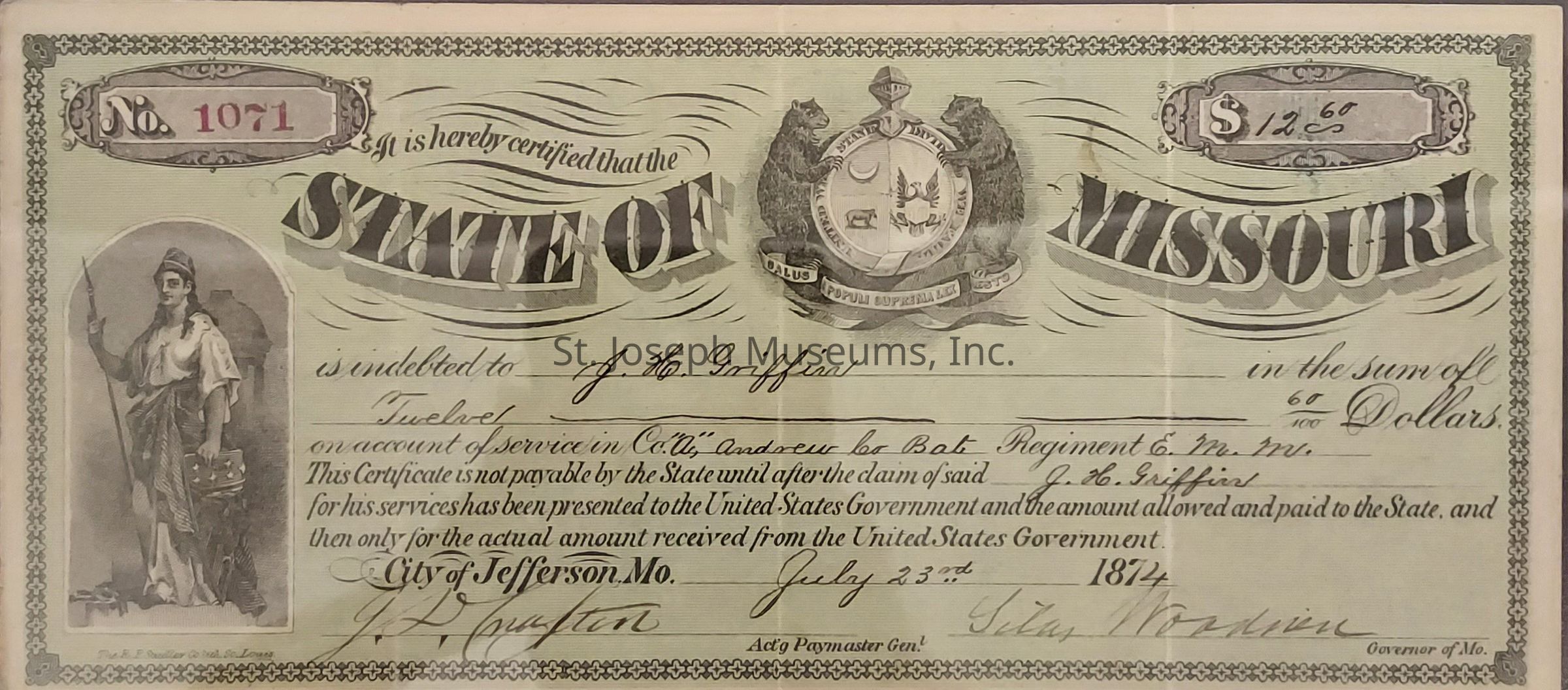 The image displays a certificate from the State of Missouri, issued to J. H. Griffin, indicating a monetary value of $12.60 for services rendered. It features a detailed border with floral patterns and two main illustrations: one of a person with a rifle, presumably a symbolic figure representing military service, and another of the Missouri state seal with two bears and a shield. The document is dated July 23, 1874, in the city of Jefferson, Mo., and includes handwritten and printed text that explains the financial obligation and conditions related to the services provided during the military engagement.