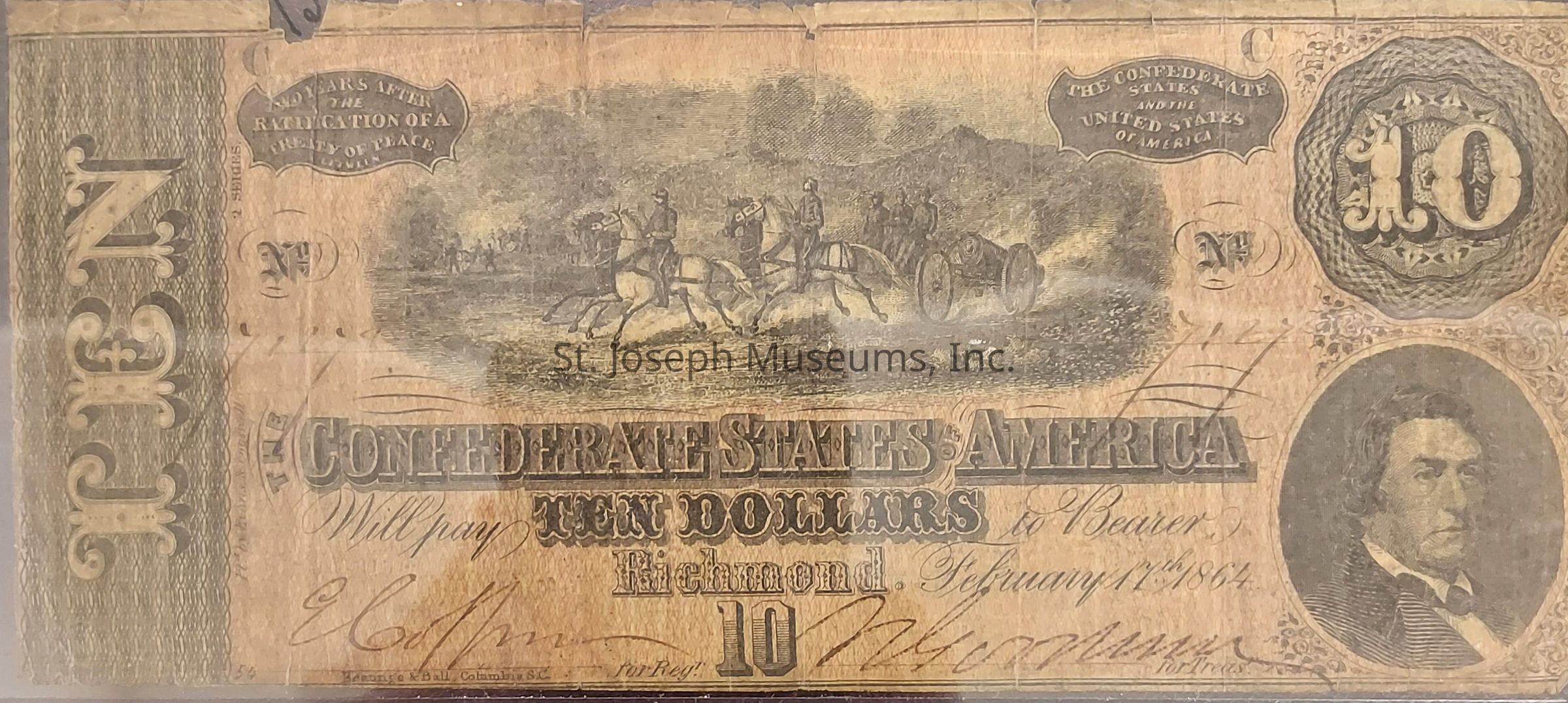 The image depicts a historical ten-dollar banknote issued by the Confederate States of America in February 1864, featuring intricate engravings and designs. On the left side of the note is an elaborate pattern with the letter “X” indicating the denomination, while the right side displays the number "10" within an ornate frame. At the center, there is a detailed vignette of cavalry soldiers on horseback, emphasizing the military theme prevalent during the period. Beneath the scene, “The Confederate States of America” is prominently inscribed, accompanied by the promise to pay the bearer. On the lower right, there is a portrait of an unidentified man in formal attire, adding to the note's intricate design and historical significance. This banknote reflects the economic efforts of the Confederacy during the American Civil War, utilizing detailed engravings and art to convey value and legitimacy. The overall condition and design details may attract collectors and history enthusiasts interested in Civil War-era memorabilia.