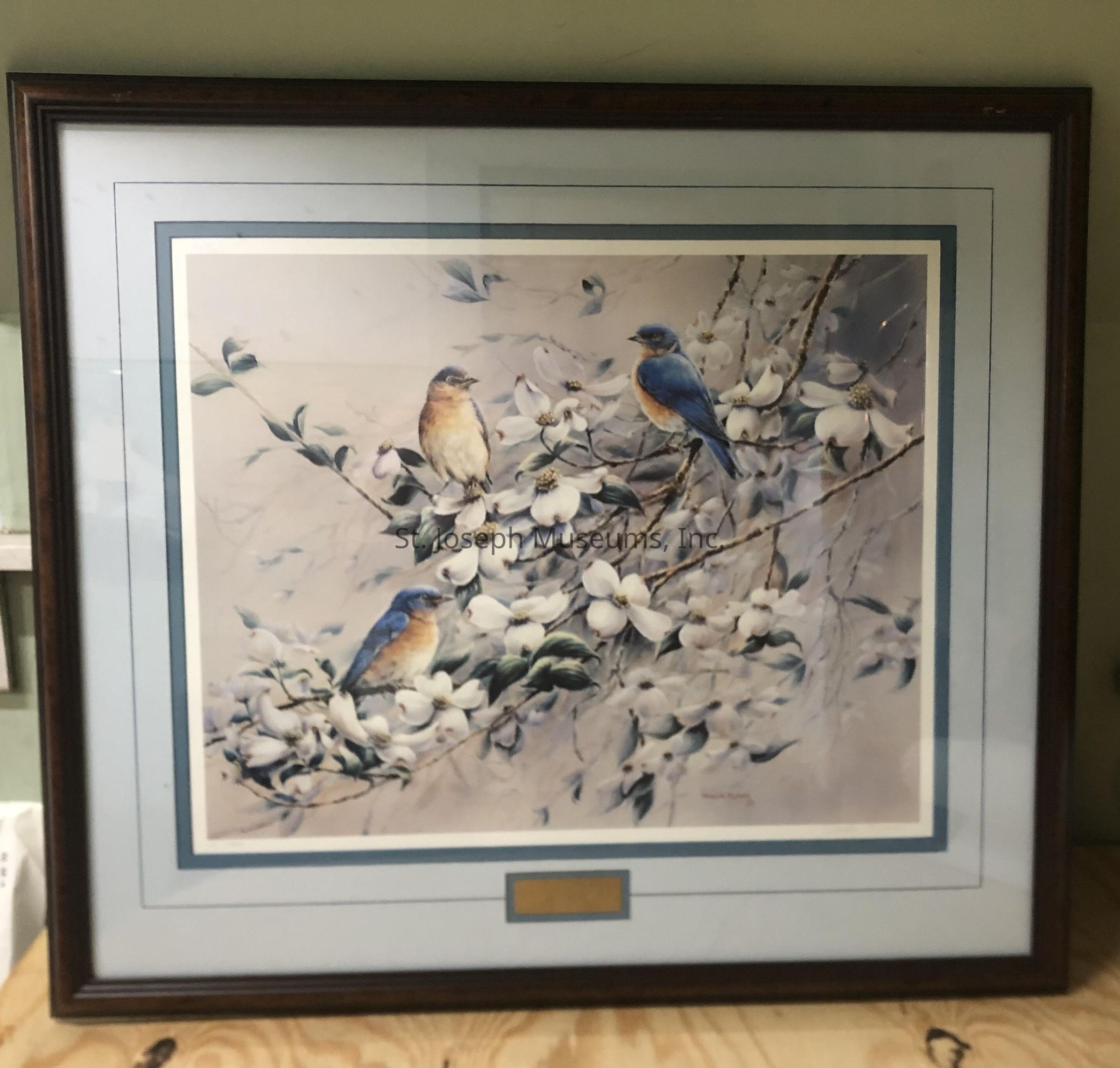 The image depicts a framed artwork showcasing a serene and detailed painting of several bluebirds perched among branches adorned with white blossoms. The birds, captured in varying poses, bring life and color to the scene with their vibrant blue and orange plumage, contrasting beautifully with the delicate white flowers. The painting is bordered by a series of subtle blue and white mats that complement the artwork and enhance its visual appeal. Enclosed in a dark, polished wooden frame, the piece exudes an atmosphere of tranquility and elegance, making it a charming addition to any room, evoking the peacefulness of nature indoors.