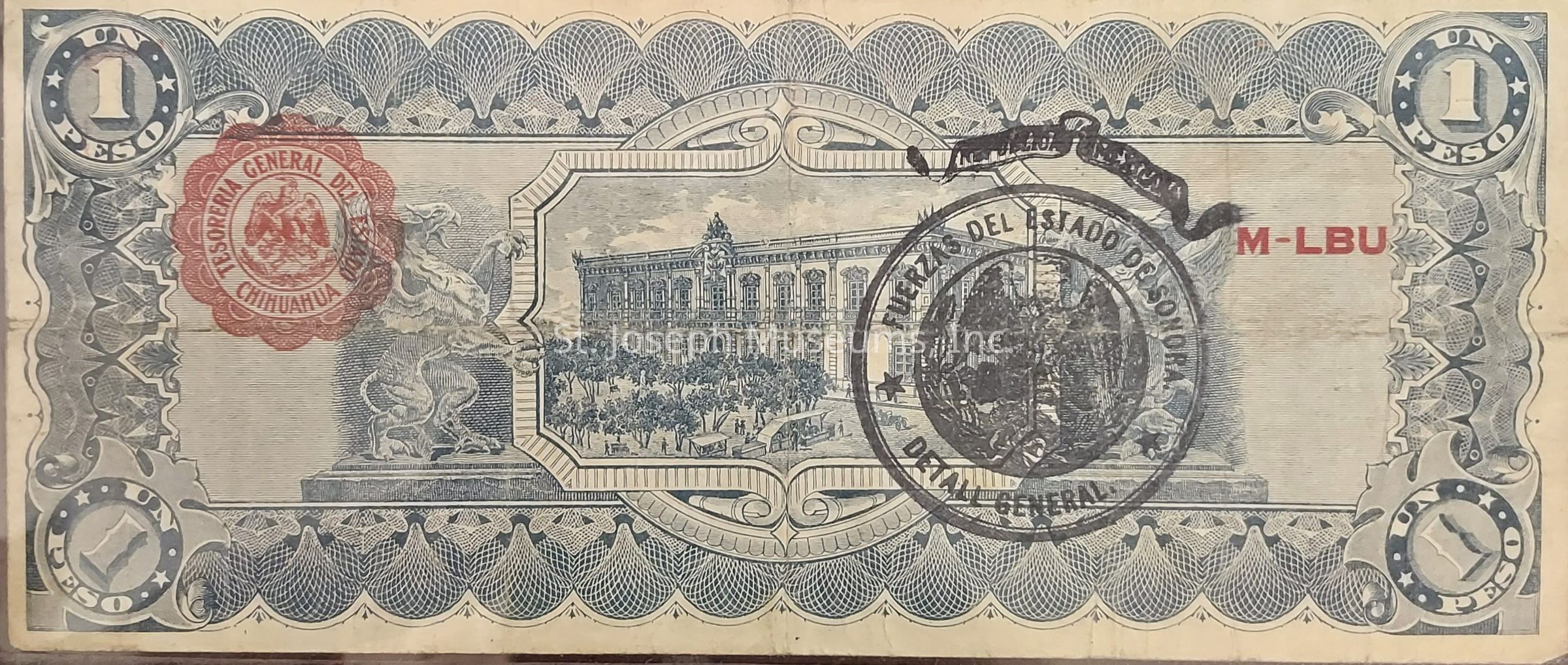 The image depicts a vintage one peso note, featuring elaborate designs with intricate patterns and borders along the edges. In the center, there is an illustration of a grand building, possibly a government structure, surrounded by a gathering of people or landscape. The note includes prominent text indicating its denomination as "UN PESO" in both the top corners. There are stamps imprinted on the note, including a circular red one from "TESORERIA GENERAL DEL ESTADO DE CHIHUAHUA" and a black circular stamp from "TESORERIA DEL ESTADO DE SONORA," which add historical and geographical context. The note also appears to have signs of wear, suggesting it has been in circulation or handled over time.