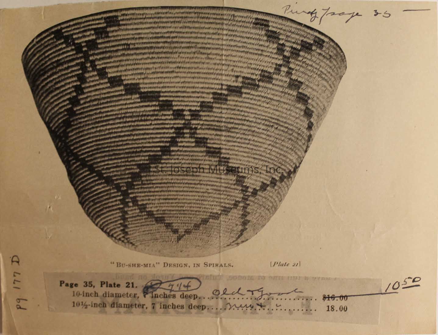 The image showcases a beautifully woven basket with a spiral "Bu-she-mia" design, meticulously crafted with dark geometric patterns that stand out against a lighter background. The basket is displayed in a slightly sideways angle to highlight its depth and curvature. Below the image, typewritten text identifies the piece as "Plate 21" on "Page 35," featuring two size options: a 10-inch diameter version priced at $18.00 and a 10½-inch version for the same price, both described as 7 inches deep. Handwritten notes overlaying the text include numerical annotations and a crossed-out price implying a discount or sale, with a final price of 10.50 encircled in black, suggestive of a catalog or auction listing. The text and imagery together present the basket as both an artistic and commercial item, embodying cultural craftsmanship and historical relevance.