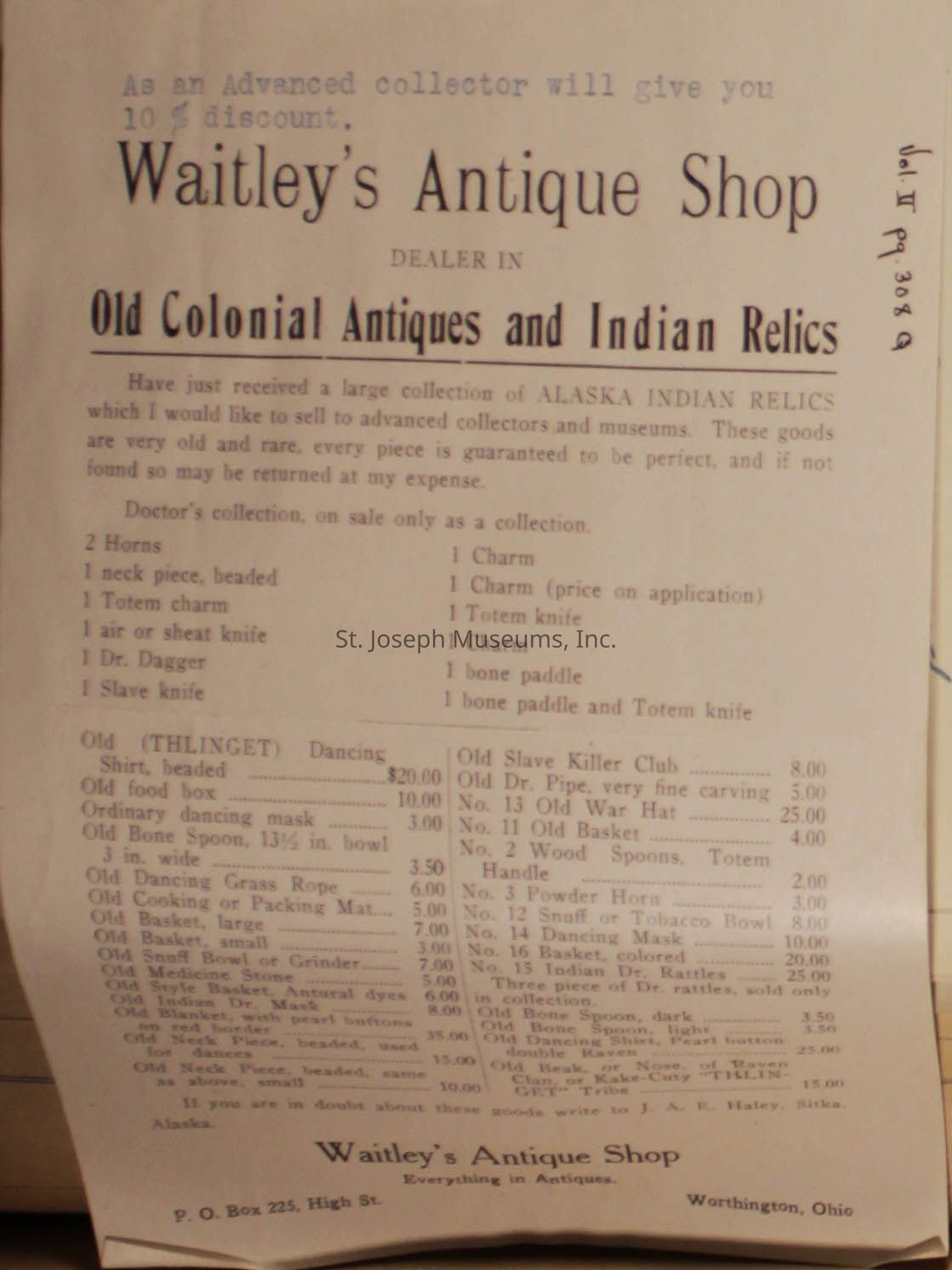 The image shows an advertisement for "Waitley's Antique Shop," specializing in "Old Colonial Antiques and Indian Relics." The shop has received a collection of Alaska Indian relics intended for advanced collectors and museums. Items listed for sale include horns, charms, totem knives, and a variety of old cultural artifacts, with prices specified for each.