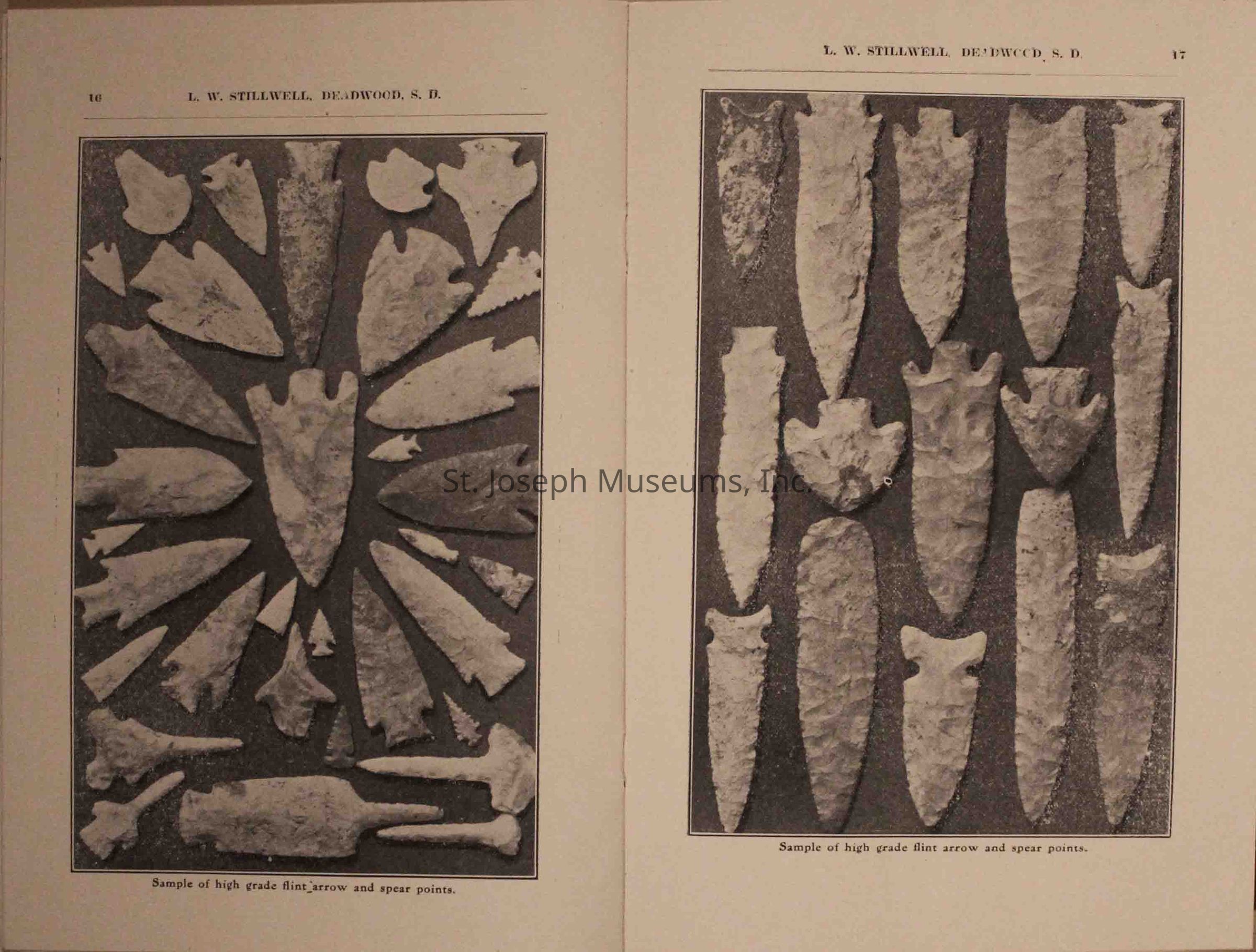 The image displays two pages from a book by L. W. Stillwell, featuring collections of flint arrow and spear points. On the left page, the flint artifacts are arranged in a radiating pattern, showcasing diverse shapes and sizes. The right page presents a vertical layout of similar artifacts. Both pages highlight "samples of high grade flint arrow and spear points,"