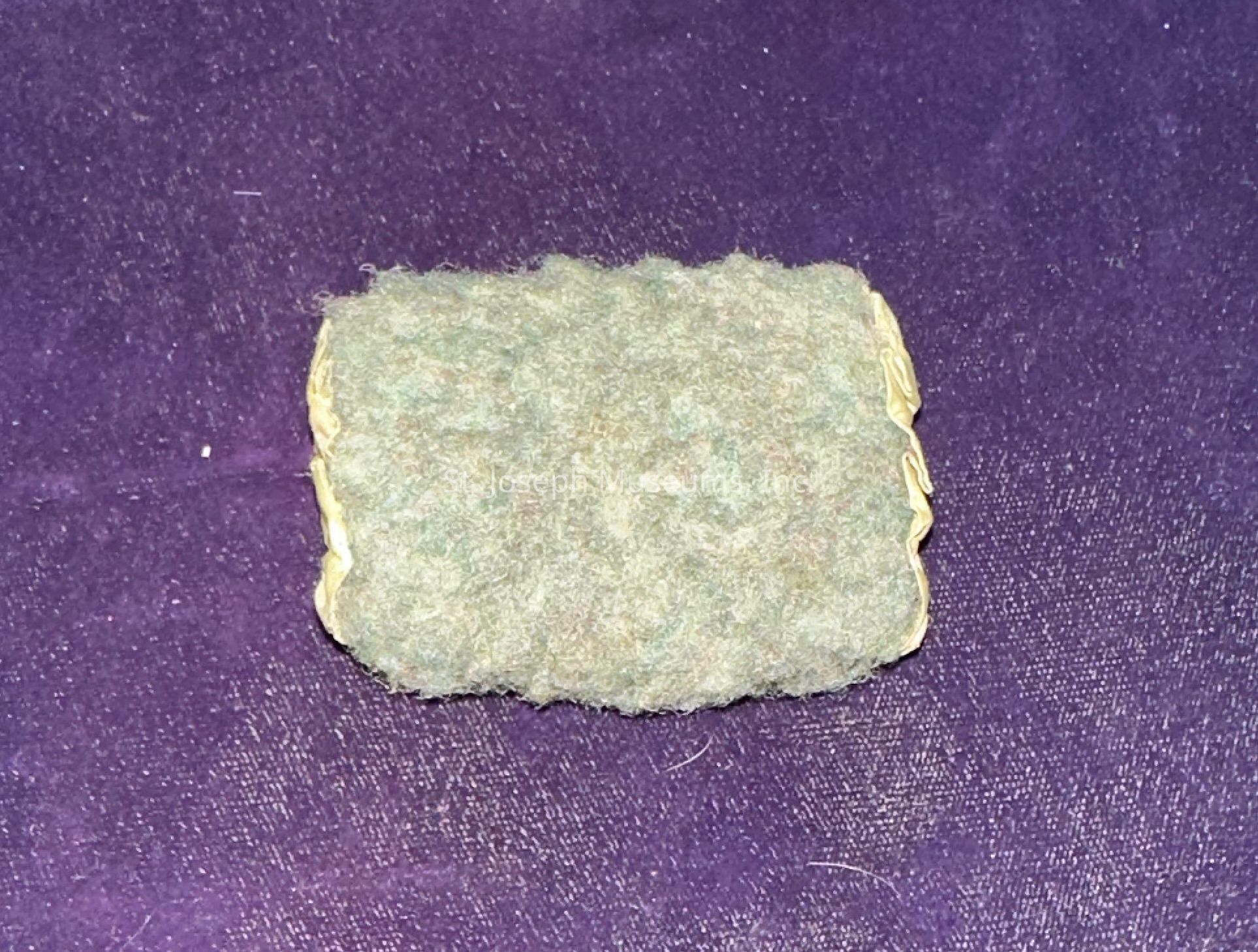 The image shows a rectangular object with a textured, wool-like surface in a muted green color, sitting on a deep purple background. The edges of the object appear to have a looping metallic or wire-like finish, adding an intricate detail to its appearance. The contrast between the soft texture of the object and the rich, smooth surface of the background creates an interesting visual dynamic, highlighting the object’s unique characteristics. The purple background provides a striking backdrop, ensuring the green object stands out prominently while the lighting accentuates the textures and intricate border details.