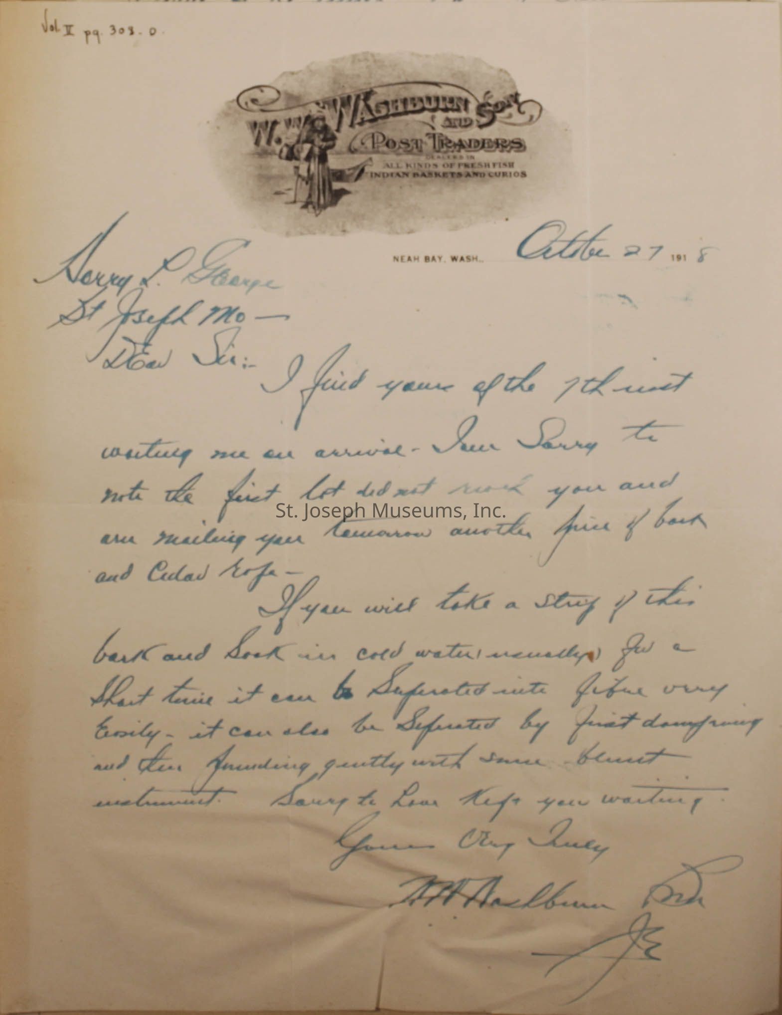 The image shows a handwritten letter on letterhead from W. H. Washburn & Son, Post Traders, located in Neah Bay, Washington. The letter is dated October 27, 1918, and is addressed to Harry L. George in St. Joseph, Missouri. It refers to the arrival of certain goods, mentioning concerns about their condition and providing instructions on preparing the materials.