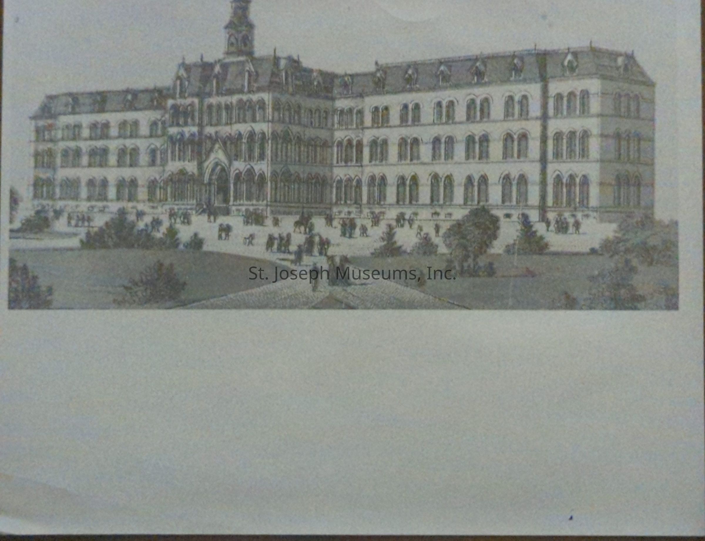 Black-and-white image depicting a detailed artist's drawing of "State Lunatic Asylum No. 2" at 36th & Frederick Ave. in St. Joseph, Missouri, showcasing its elaborate Gothic architecture with numerous windows, a central clock tower, and landscaped grounds bustling with people, before it was destroyed by fire in 1880.