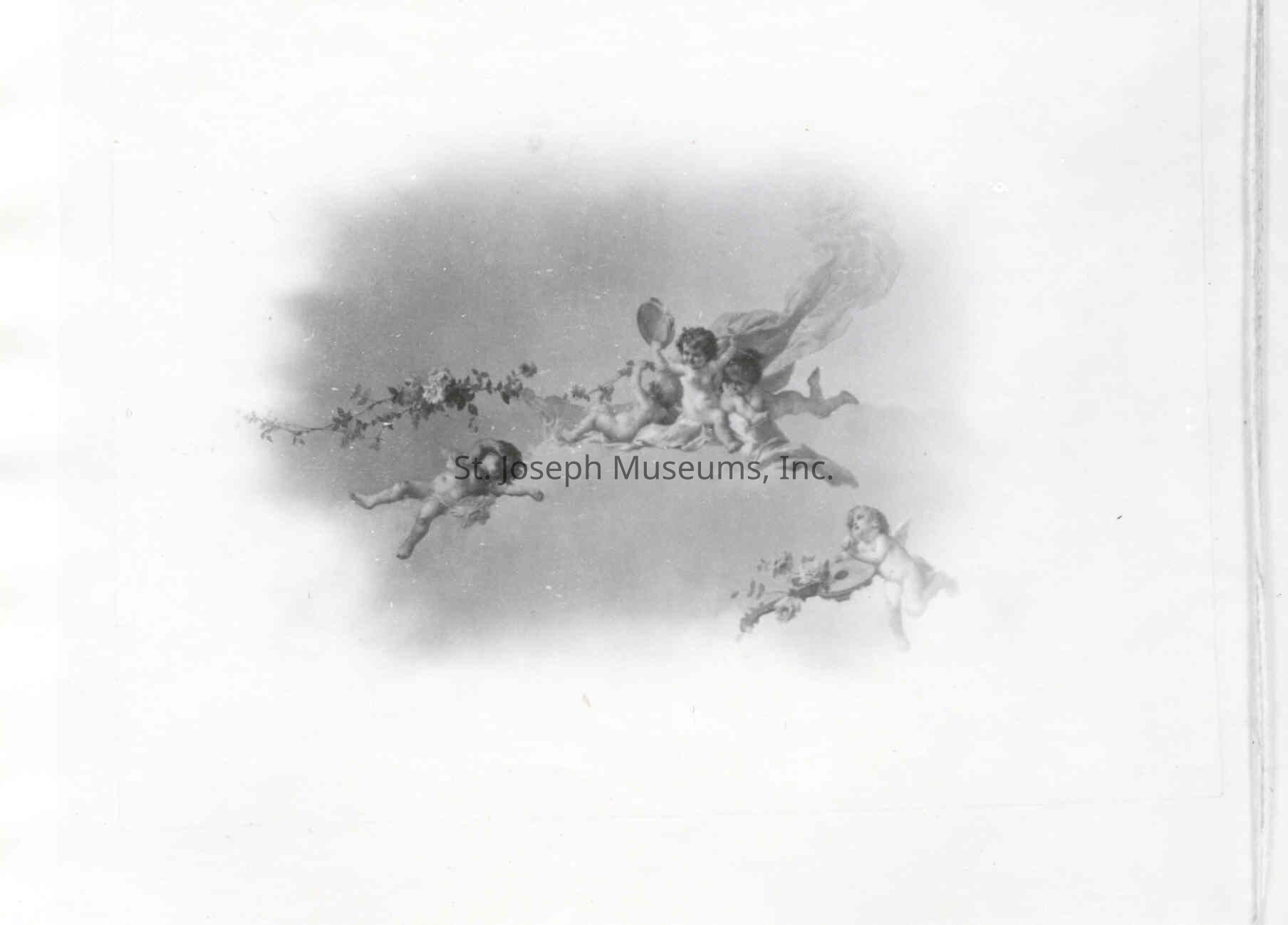 Tootle Mansion Cherub Ceiling Painting, Reception Room, c. 1900: Copyright: 84.21.2026 Tootle Mansion Cherub Ceiling Painting, Reception Room, c. 1900
Tootle Mansion Cherub Ceiling in Reception Room, Negative & Photo, c. 1900. black and white. Negative & positive of the cherub paintings on the ceiling of the Reception room in the mansion at the time the Tootle Family resided there.