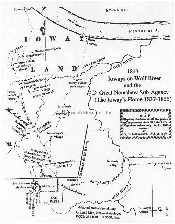 Digital photograph of an 1843 Nemahaw map: The map description is 1843 Ioways on Wolf River and the Great Nemahaw Sub-Agency (The Ioway's Home 1837-1855). It states that it is a map showing the location of the principal improvements within the Great Nemahaw sub agency. A.D. 1843 by W. P. Richardson, Ind. S. Ag't. It is adapted from an original map. Original Map, National Archives RG75; 234 Roll 307 0618, film. At the top of the map is the Missouri River.