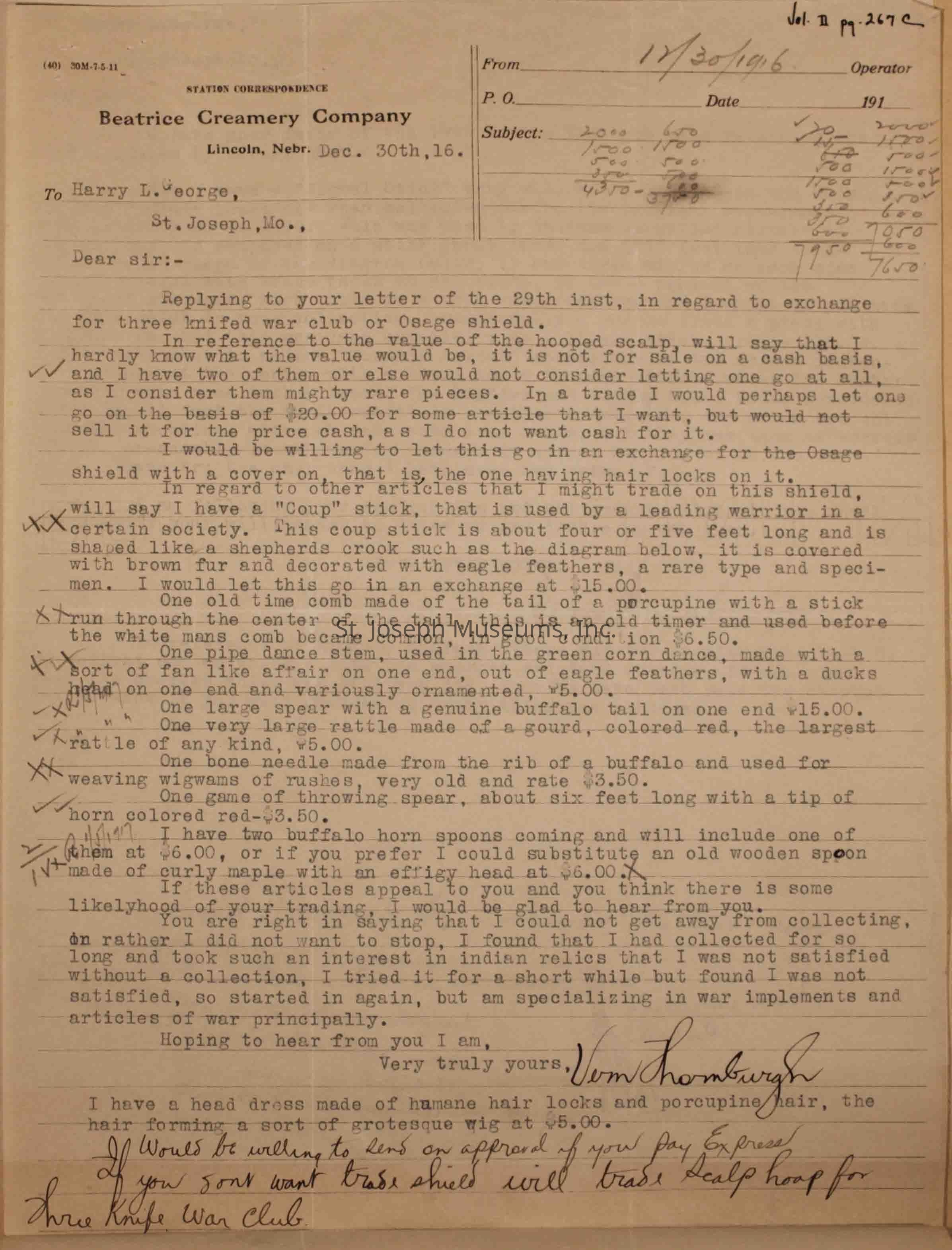 The image shows a typed and handwritten dated November 30, 1916, addressed to Harry L. George in St. Joseph, Missouri. The letter discusses trading various native artifacts, such as a coup stick, shields, buffalo horns, war clubs, needles, and spears. There is a hand-written note in cursive at the bottom.