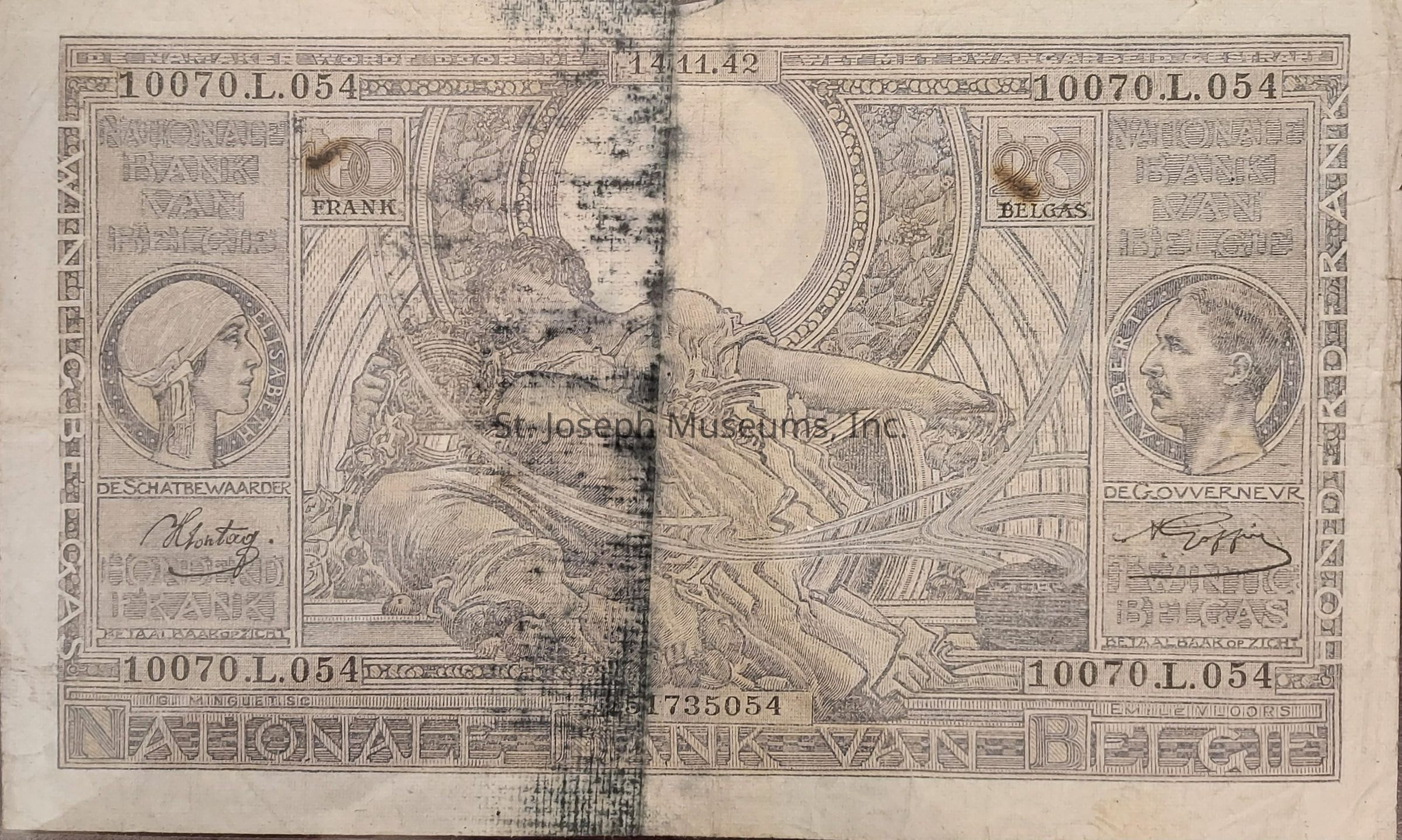 The image depicts a 20 Belgian Franc banknote from the National Bank of Belgium, featuring intricate art nouveau design elements and detailed illustrations; on the left, there is a profile of a woman, possibly a symbolic representation or historical figure, with the inscription of "Elisabeth," while on the right appears a man in profile, possibly a historical or significant personality, and the center of the note is adorned with a complex artistic scene involving figures and ornamental patterns; the note is dated at the top, with the serial number "10700.L.054" and signatures of officials, all combining to create a decorative and historically rich piece of currency.