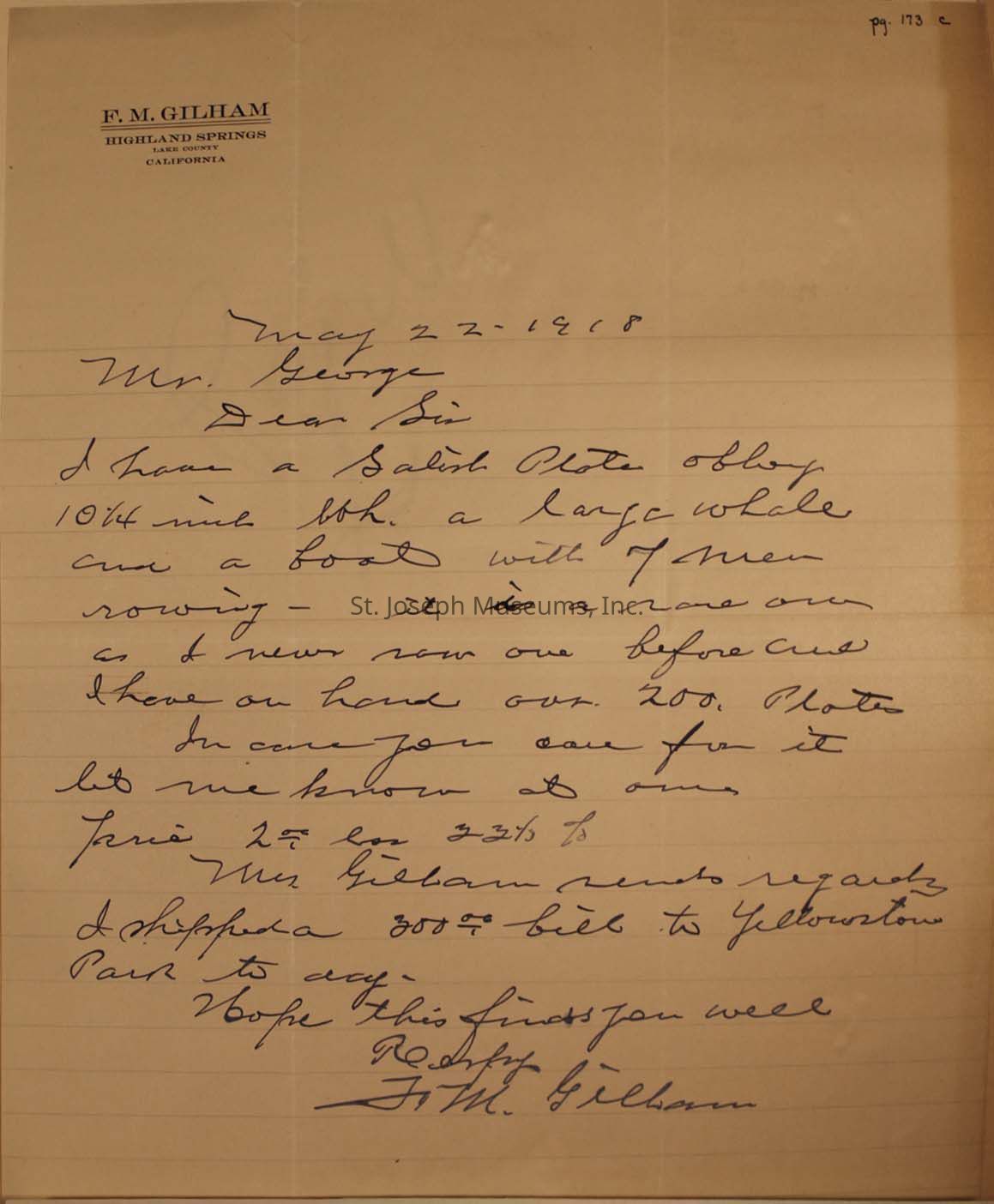 The image is a letter written on stationery from F.M. Gilham at Highland Springs, Lake County, California, dated May 22, 1918. The letter is addressed to "Mr. George" and begins with "Dear Sir." The writer mentions having a "Salish photo" depicting a large whale and a boat with seven men rowing. The author notes it is a rare photo unlike any seen before and mentions having over 200 copies on hand. The letter offers to let the recipient have one if desired and asks for response. It is signed by F.M. Gilham, who sends regards and references sending 300 feet back to Yellowstone Park.