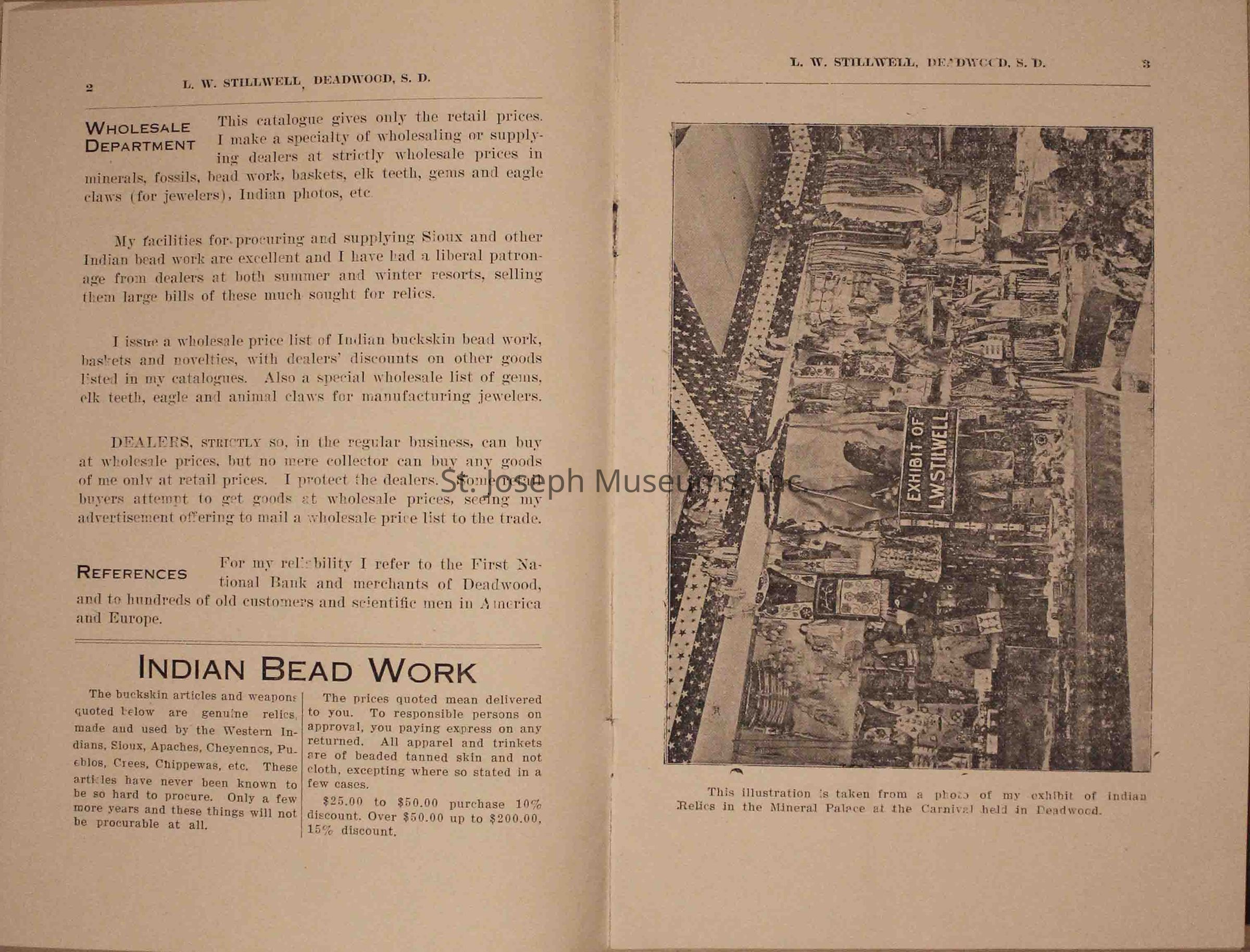 The image is a page from a catalog by L.W. Stilwell, Deadwood, S.D., which details various wholesale and retail services including Indian bead work, fossils, minerals, and other artifacts, with a black and white photograph of an exhibition showing items accompanied by text explaining pricing, shipping, and reference information, especially highlighting its reputation and collection style; there’s a specific mention of an exhibit at the Mineral Palace in Deadwood.