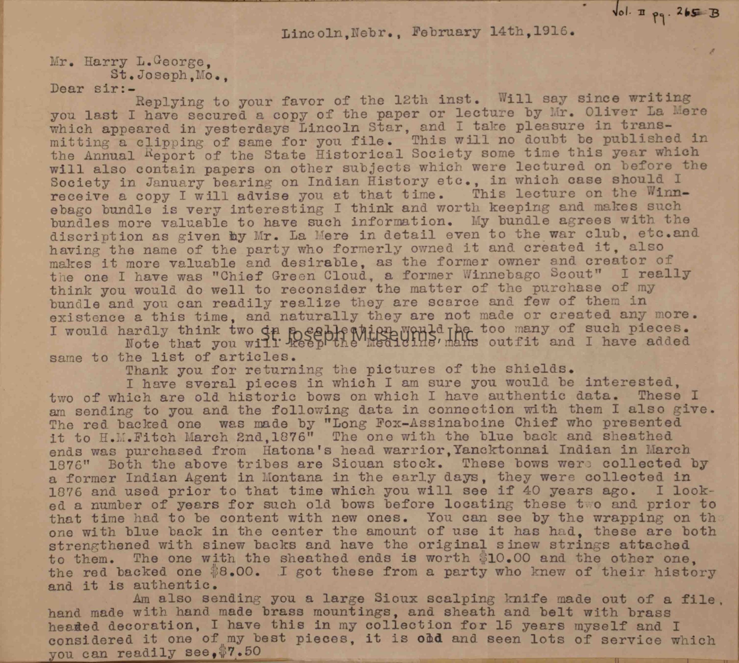 The image depicts a typed letter dated February 14th, 1916, from Lincoln, Neb., addressed to Mr. Harry L. George in St. Joseph, Mo. It discusses the recent paper or lecture by Oliver La Mere, an upcoming publication by the State Historical Society, and expresses gratitude for returning pictures of shields.