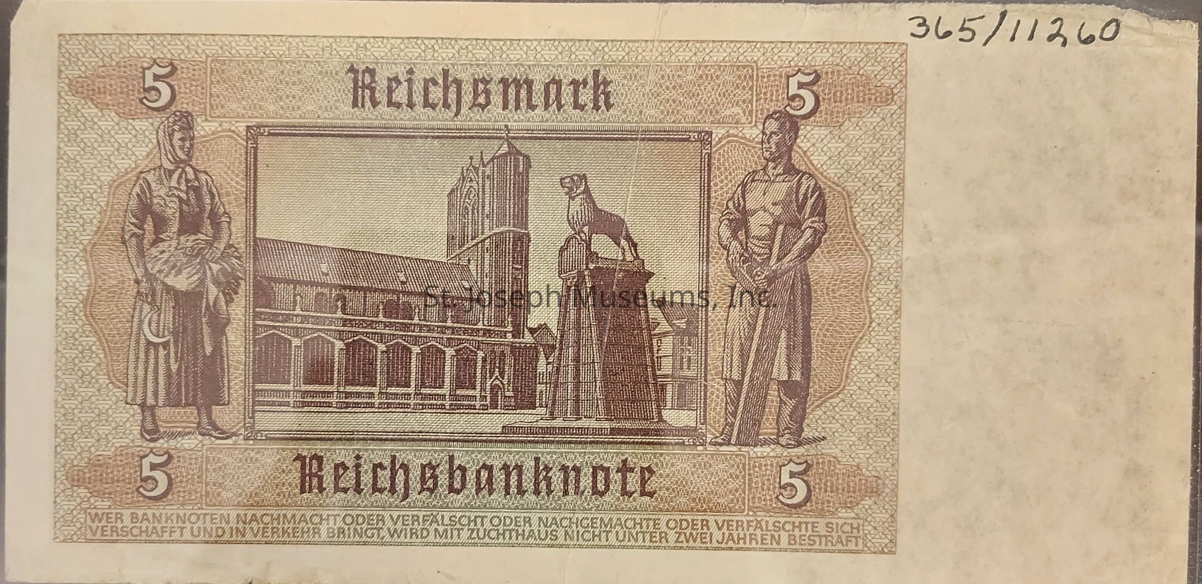 The image depicts an old German banknote with a denomination of five Reichsmark, prominently featuring intricate artwork and design. The center showcases a detailed illustration of a historical building with a prominent tower, next to which stands a statue of a lion on a pedestal. On the left side of this central image is the figure of a woman in traditional attire, holding what appears to be a sickle, while on the right stands a man wearing work clothes, possibly symbolizing agriculture and labor. The words "Reichsmark" and "Reichsbanknote" are printed boldly at the top and bottom, respectively, and the corners display the numeral "5" to indicate its value. The background consists of an ornate, finely detailed patterned border, and there is a legal warning text in German at the base of the note, emphasizing the penalties for counterfeiting or falsification.