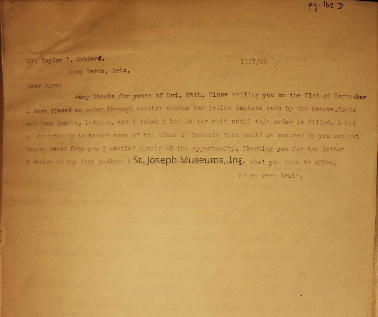 The letter expresses gratitude for correspondence received on October 26th and refers to an order for Indian baskets made by the Mohave, Tonto, and Yuma Apache Indians. Mr. George mentions securing an opportunity for such baskets, thanking Mr. Gabbard for his letter, and indicating potential future interest in offerings available. It is signed "Yours very truly"