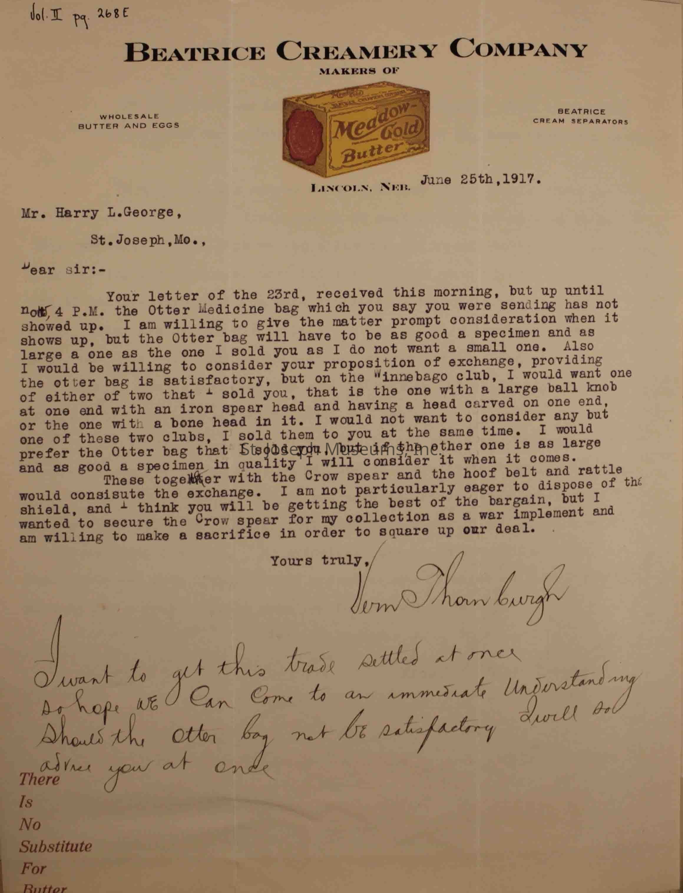The image is a letter dated June 25th, 1917, addressed to Mr. Harry L. George in St. Joseph, Missouri, discussing an Otter medicine bag that has not yet arrived. The sender, Vern Thornburgh, considers an exchange proposal involving another item, specifying the quality and size required for acceptance.