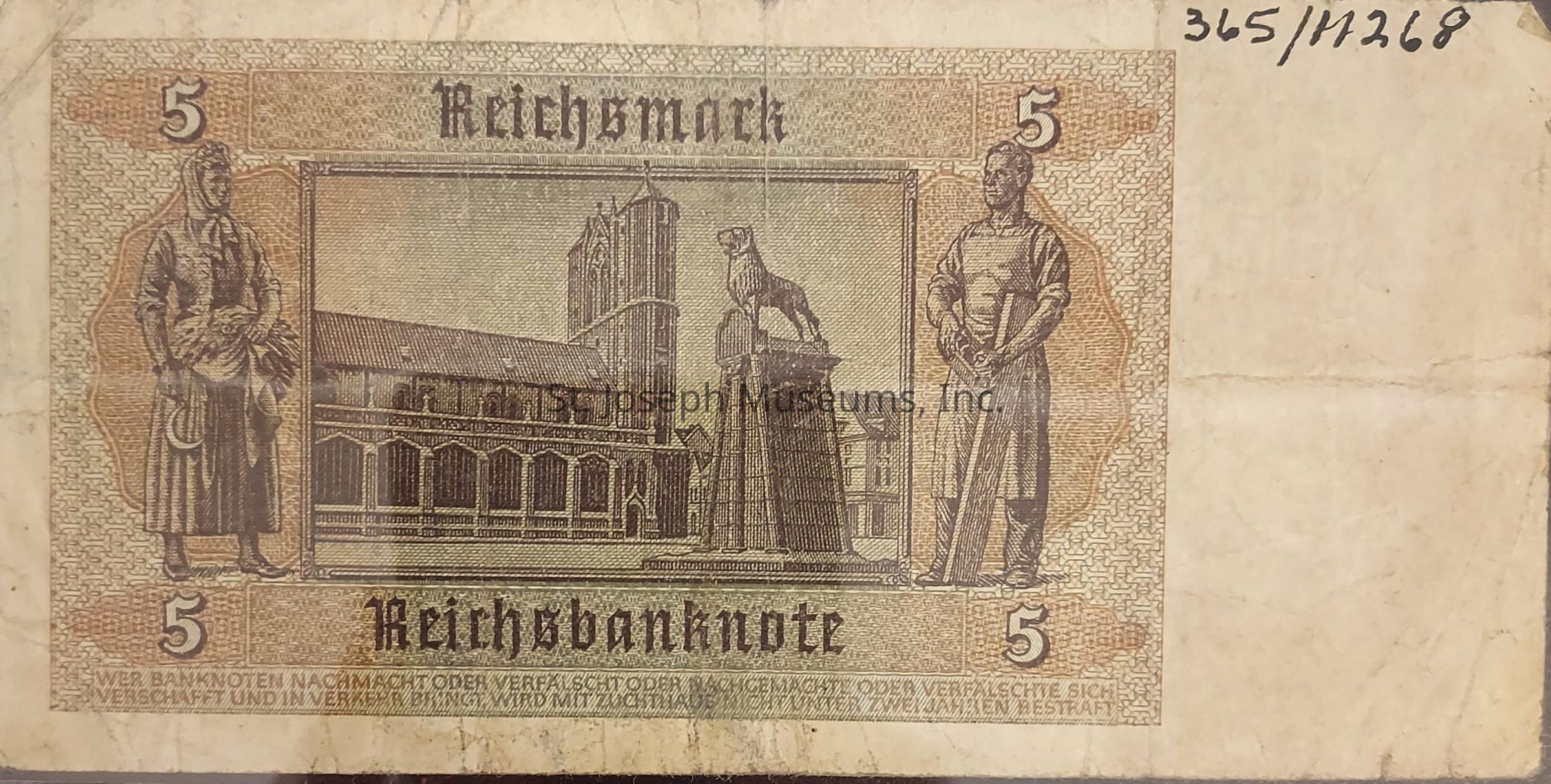 The image shows a historical 5 Reichsmark banknote featuring intricate designs and artwork. At the center, there is a depiction of a prominent medieval-style building, likely indicative of German architectural heritage, accompanied by a statue of a lion on a pedestal. On the left side of the note, there is an illustration of a woman in traditional attire holding a sickle, symbolizing agriculture or labor. Meanwhile, on the right side, a man is depicted, also wearing period clothing, possibly representing industry or craftsmanship. The denomination "5" is prominently displayed in each corner, and the word "Reichsbanknote" is printed at the bottom. The note is bordered with a detailed geometric pattern, enhancing its historical and cultural significance.