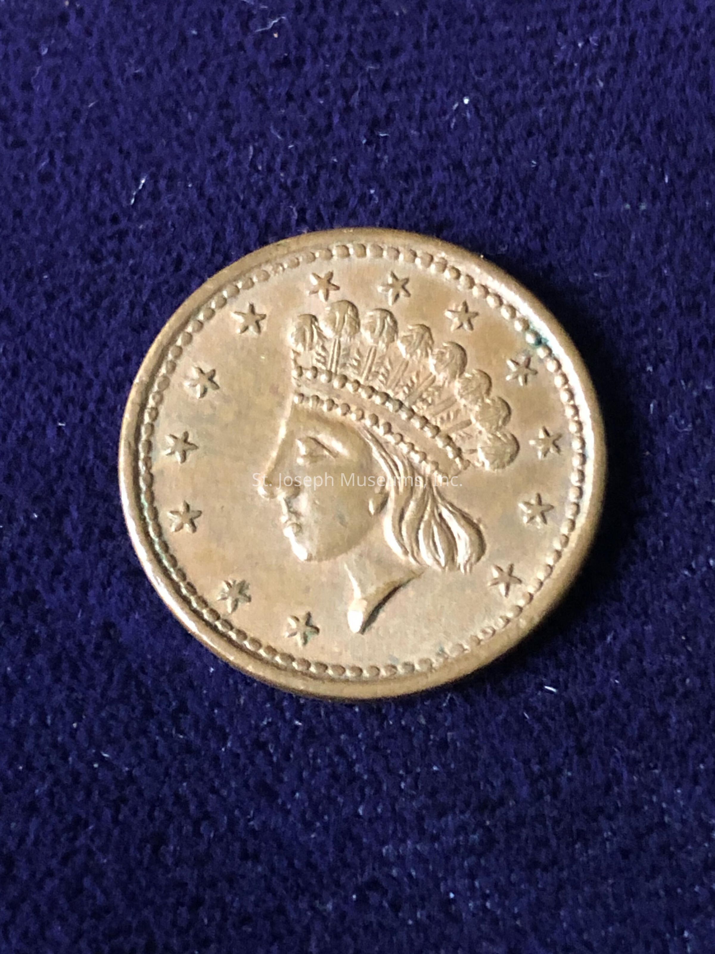 The coin features a profile of a person wearing a headdress or crown, which bears a resemblance to Native American style or an elaborate feathered design. Surrounding the portrait are thirteen small stars, evenly spaced along the coin’s edge, likely symbolizing the original thirteen colonies or representing a design theme. The coin’s rim is also decorated with a dotted border, adding an element of craftsmanship. The overall color of the coin is a warm, golden-bronze hue, suggesting it might be made of a metallic alloy with a historical or collectible value. The background color contrasts with the coin’s metallic sheen, highlighting its intricate details and suggesting a setting that might be intended for display or examination purposes. The quality and sharpness of the image indicate that it was taken with emphasis on clarity to capture fine details of the coin’s engravings and condition, potentially indicating interest in numismatic study or collection display.