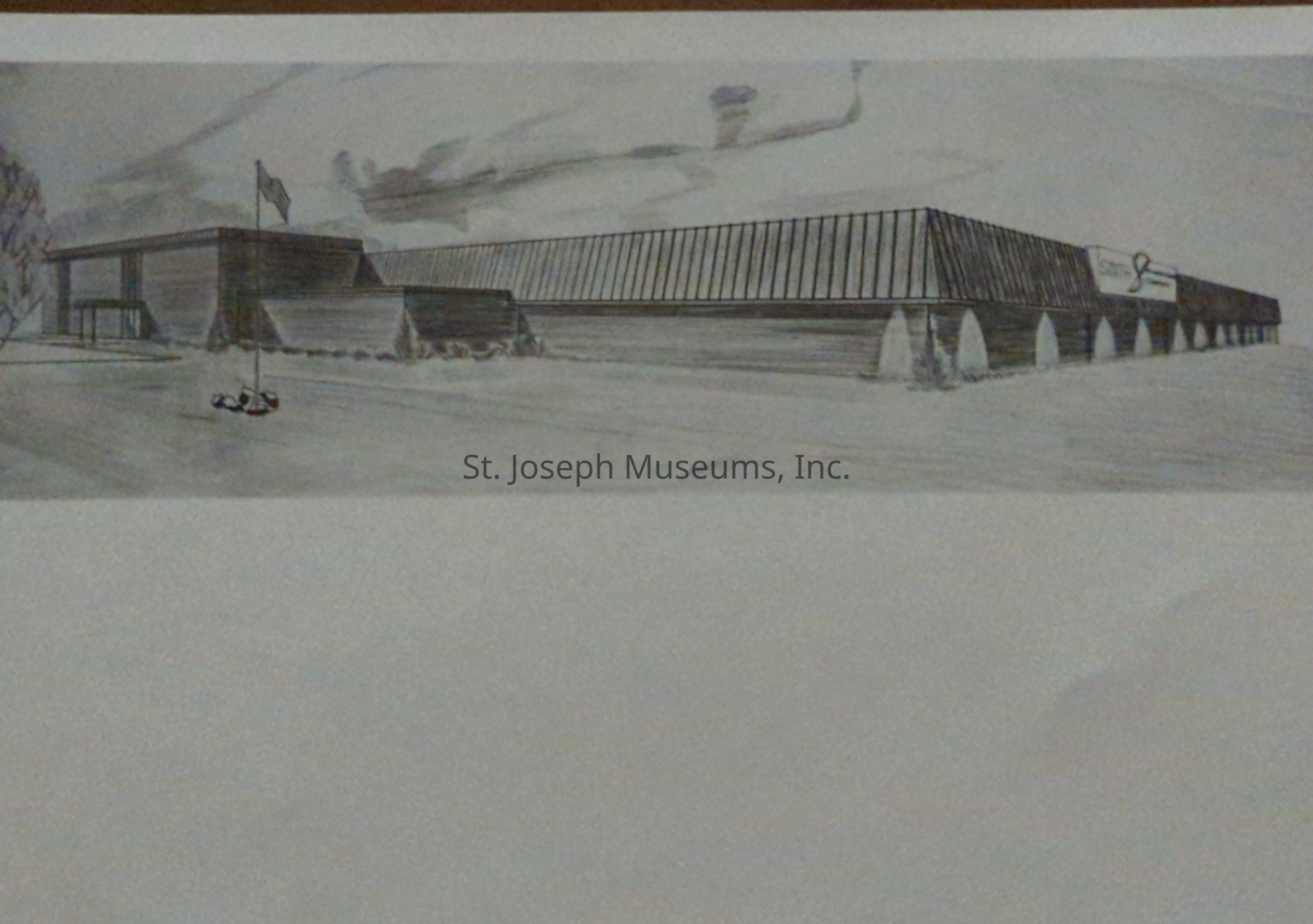 Black-and-white architectural drawing from Smith Bros. Manufacturing Company depicts a sleek, modern industrial building at 4315 Picket Rd., featuring a long, low-profile structure with a series of angular, vertical lines on its roof, a flag flying in front, and distinctive, curved supports along the side, set against an expansive, landscaped foreground.