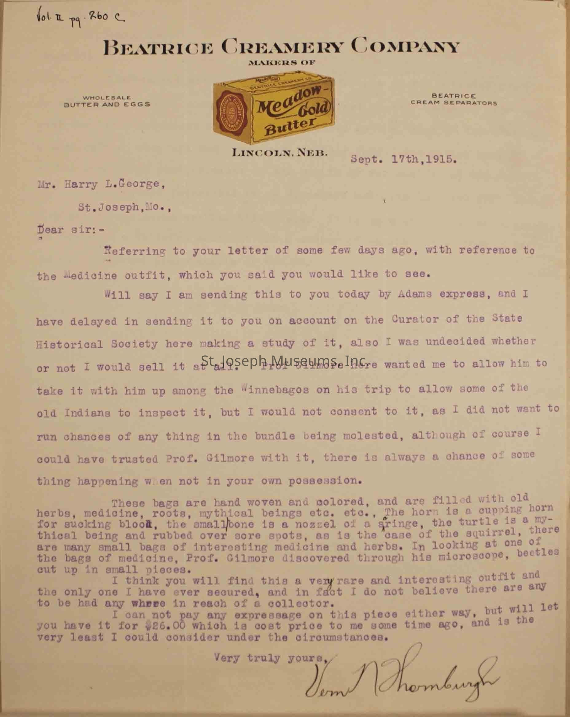 The image is a letterhead from the Beatrice Creamery Company, dated September 17, 1915, addressed to Mr. Harry L. George in St. Joseph, Missouri. The letter discusses a "medicine outfit" that Mr. George expressed interest in seeing. The writer mentions sending it by Adams Express and explains a delay due to someone at the State Historical Society studying it.
