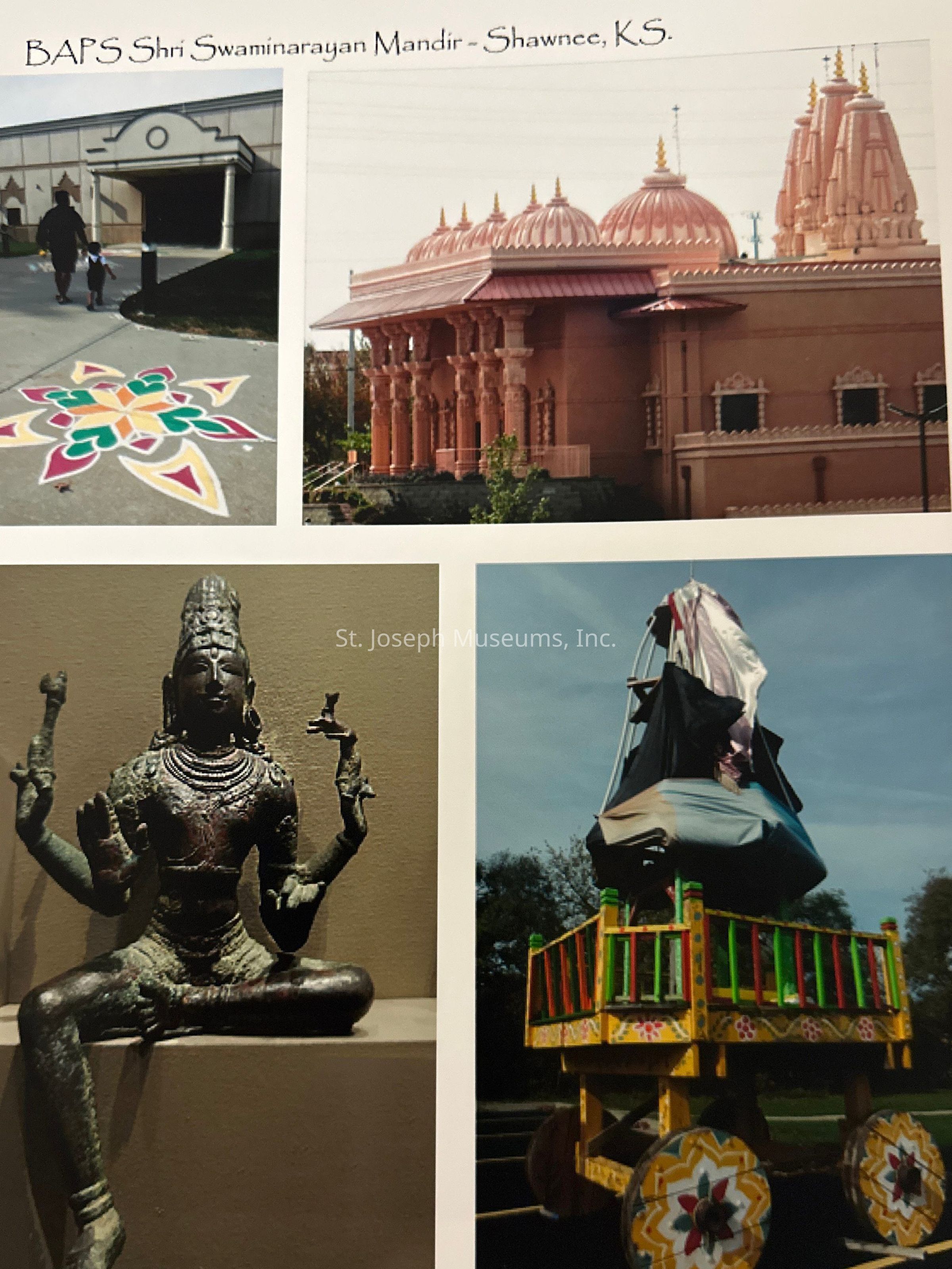 A colorized series of 4 photos from the BAPS Shri Swaminarayan Mandir Hindu temple. The top left photo is of the front entrance and the top right is a sideview of the temple front entrance and side, showing the various domes, spires, and columns. The bottom left image is of a Hindu statue, and the bottom right is of a painted cart with folded fabric banners.