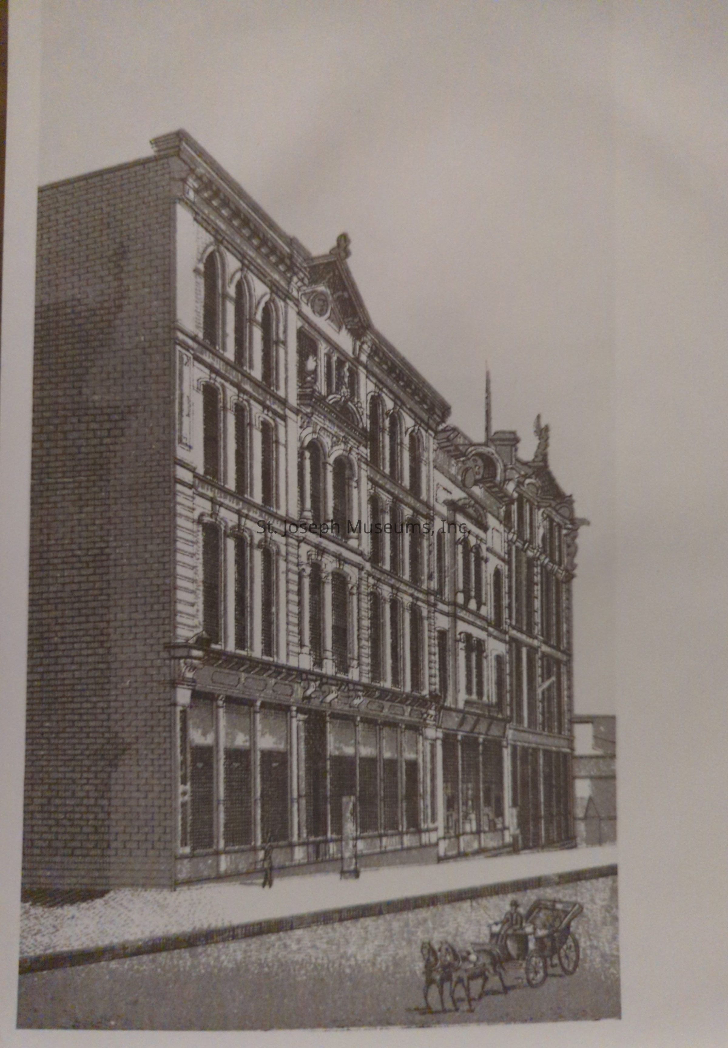 Black-and-white photograph depicting an architectural drawing of a historical multi-story building, possibly the J.L. Baily Building, with intricate details such as arches, columns, and decorative elements lining the facade. In front of the building, a solitary horse-drawn carriage is seen on the cobblestone street.