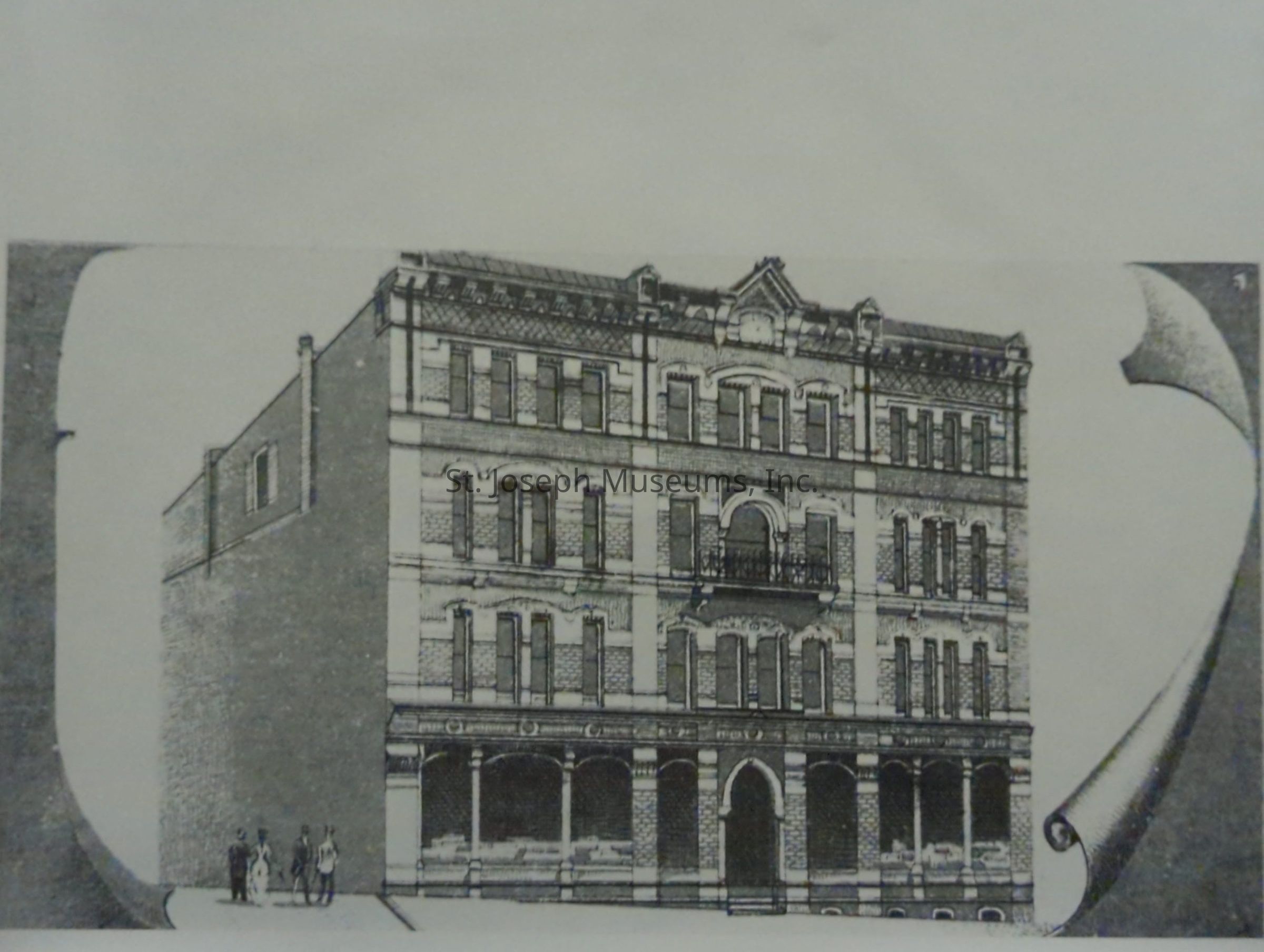 Black-and-white image depicting an artist's rendition of the Tootle Hosea & Company Building, showcasing a three-story brick structure with ornate architectural details, arched windows, and a decorative rooftop. The building stands prominently, with people walking near its entrance, emphasizing its grand and historical presence.