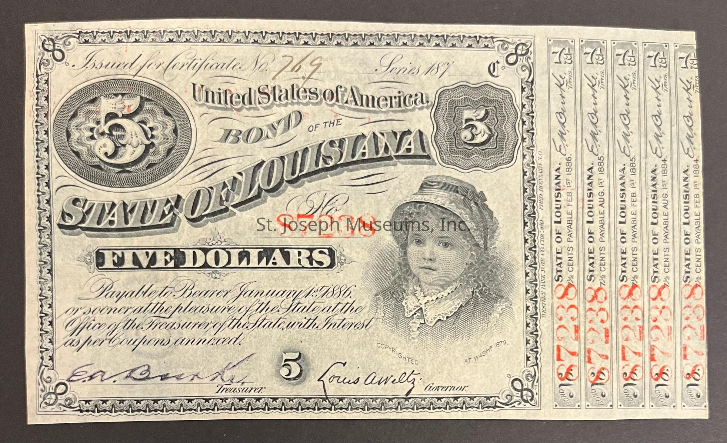 The image depicts an antique $5 bond certificate from the State of Louisiana, dated 1879, issued by the United States of America. At the top, the bond certificate is numbered 769, and it includes a series of coupons for interest payments that are payable on specified dates from 1884 to 1886. The design features intricate engravings and detailed artwork, including the image of a young girl wearing a bonnet on the right side. The text states, "Payable to Bearer January 1st, 1886, or sooner at the pleasure of the State at the Office of the Treasurer of the State, with interest as per coupons annexed." The certificate is signed by officials, including the Treasurer and the Governor, alongside ornate borders and decorative elements.