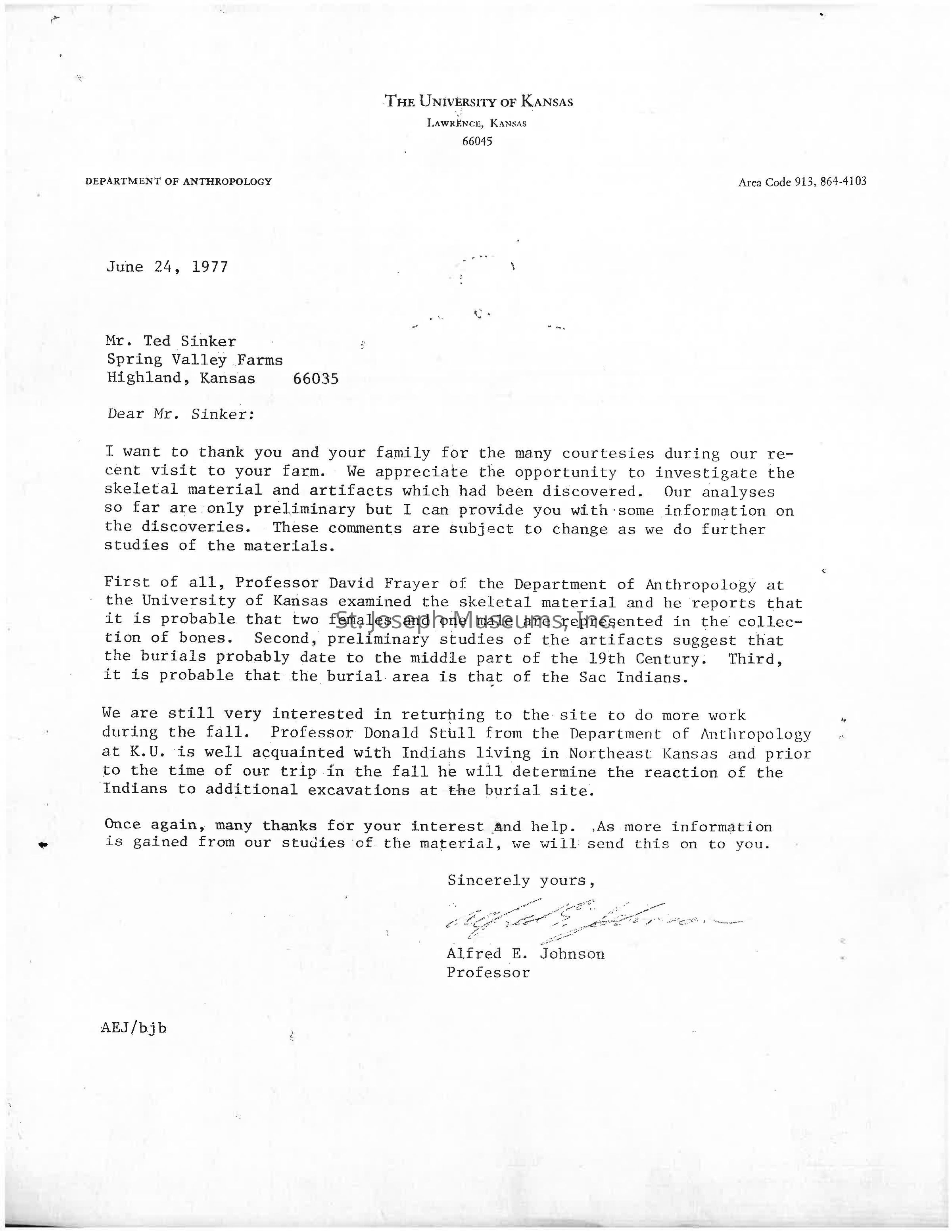 Click for full PDF: The image is a letter dated June 24, 1977, from the University of Kansas Department of Anthropology, addressed to Mr. Ted Sinker of Spring Valley Farms in Highland, Kansas, regarding skeletal materials and artifacts found on his farm. The letter, written by Professor Alfred E. Johnson, expresses gratitude for the opportunity to study the discoveries and provides preliminary findings, suggesting the remains are from two females and one male, possibly dating to the mid-19th century and linked to the Sac Indians