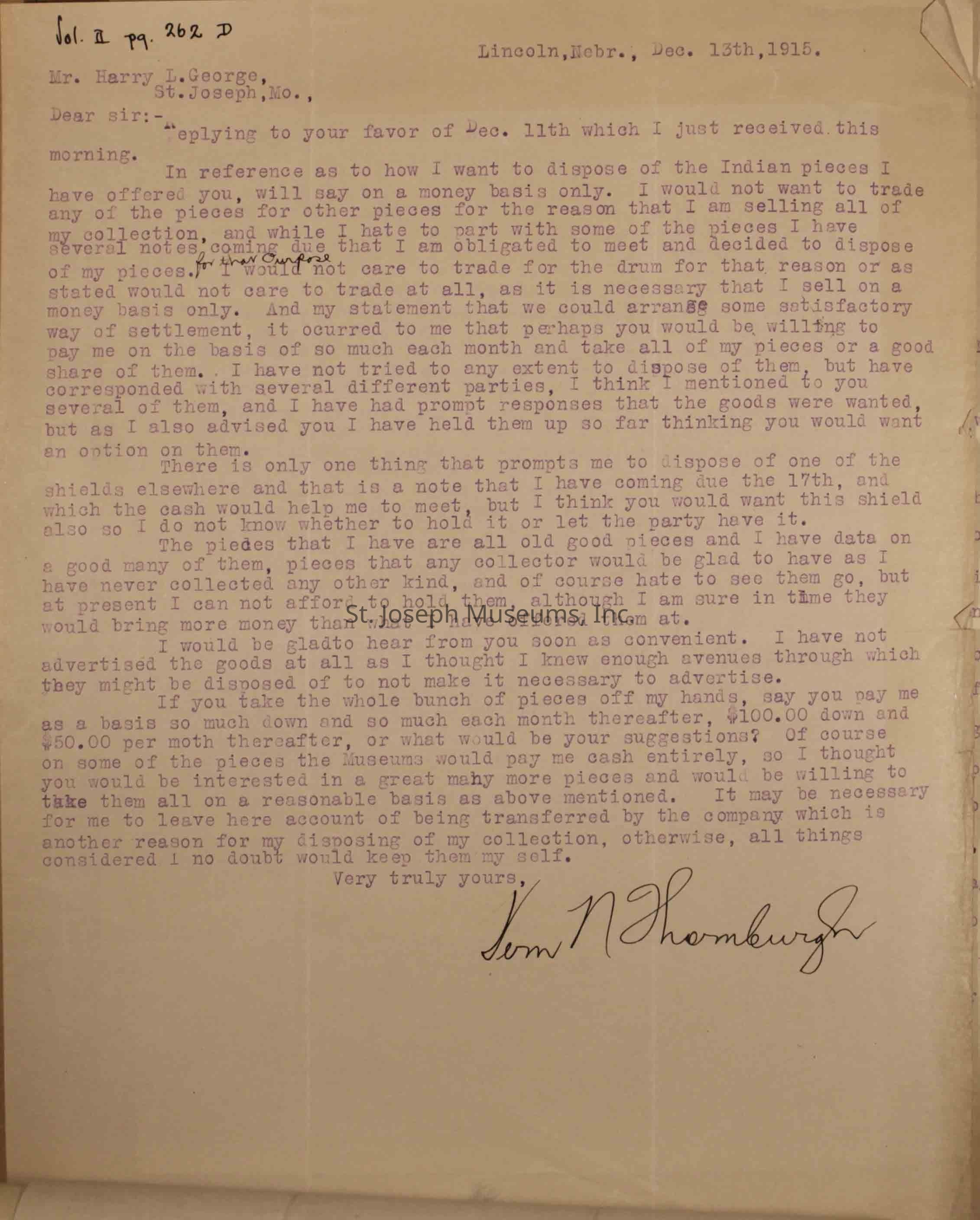 The image shows a typed letter dated December 13, 1915, addressed to Mr. Harry L. George from Lincoln, Nebraska, regarding the disposal of Indian pieces. The writer states a preference for selling on a cash basis rather than trading. They mention having financial obligations that necessitate selling their collection, and they have multiple interested parties.