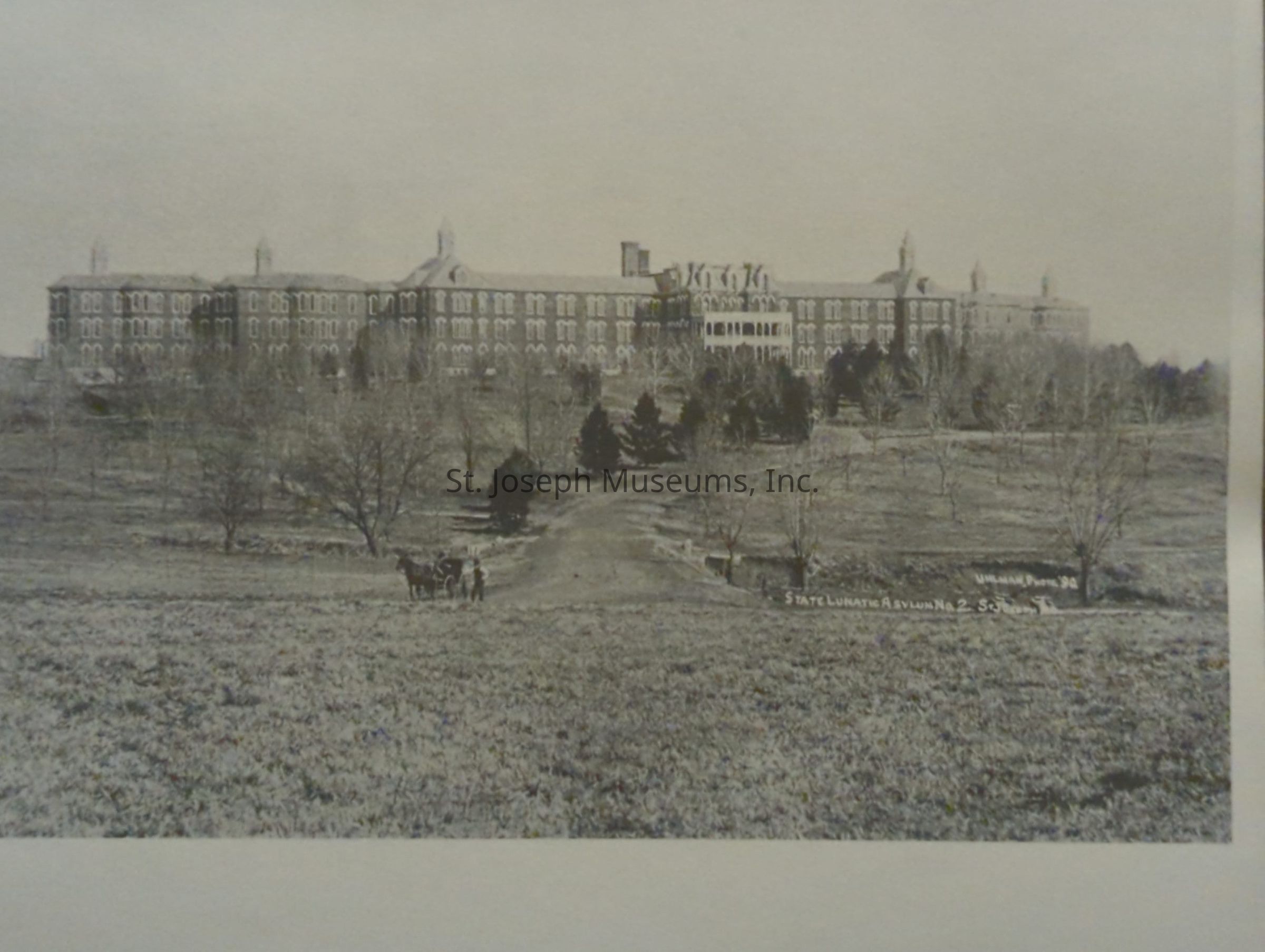 Black-and-white photograph showcasing the exterior of State Lunatic Asylum No. 2, located at the intersection of 36th and Frederick Avenue in St. Joseph, Missouri. The imposing multi-story building features a symmetrical design, punctuated with numerous windows and spires, surrounded by a sprawling, open field. In the foreground, a dirt path meanders through grassland and leafless trees, leading towards the entrance. A horse and carriage, carrying several figures, is positioned along the path.