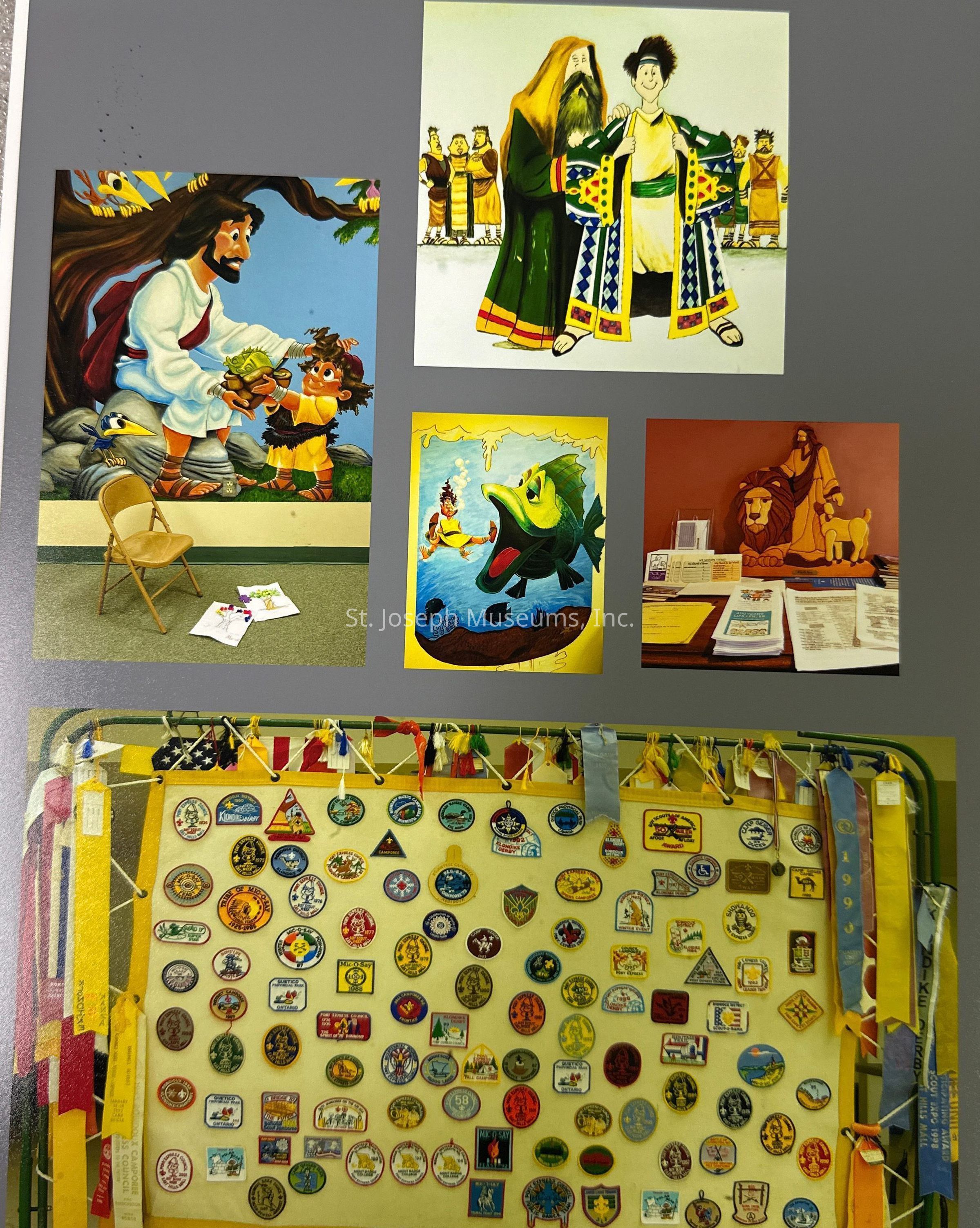 A colorized photo set. The top left and right, as well as the middle picture are of biblical scenes painted in a cartoonish style on walls. The left middle picture is of table with pamplets and a woodcut Lion, Lamb, and Jesus sculpture. The bottom picture is of a tapestry with assorted boy scout badges and ribbons