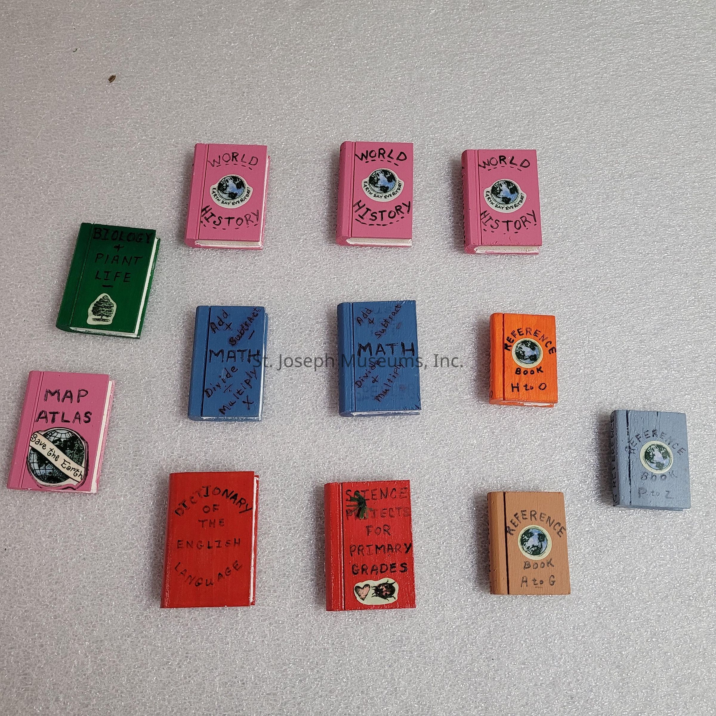 The image features a collection of miniature books arranged neatly on a flat surface. These tiny books come in various colors and cover a range of subjects indicated by the labels on their covers. From top to bottom, the first row displays three pink books titled "World History." Below them, the second row has a green book labeled "Biology & Plant Life," two blue books titled “Math,” and an orange book marked as a "Reference Book H to O." In the third row, a pink "Map Atlas" is placed alongside a red “Dictionary of the English Language” and a red book, "Science Projects for Primary Grades." The bottom right features two reference books, one brown labeled "A to G" and one gray marked "P to Z." Each book cover is decorated with simple illustrations or symbols, adding a creative and whimsical touch to the collection.
